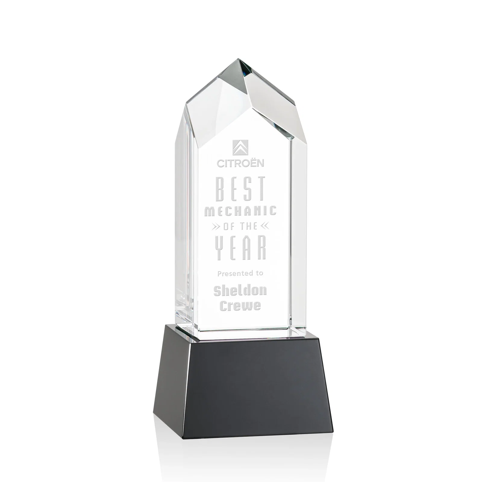 Promotional 3D Etched Optical Crystal Tower Award, Raised Peak on Tapered Base for service anniversary gifts