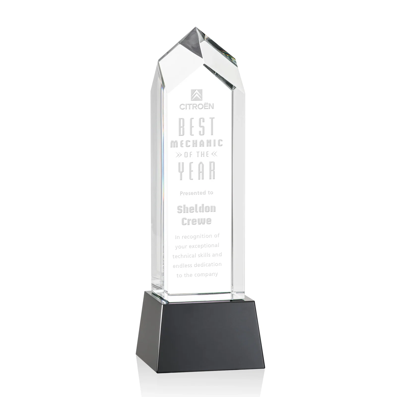 Promotional 3D Etched Optical Crystal Tower Award, Raised Peak on Tapered Base for sales achievement awards