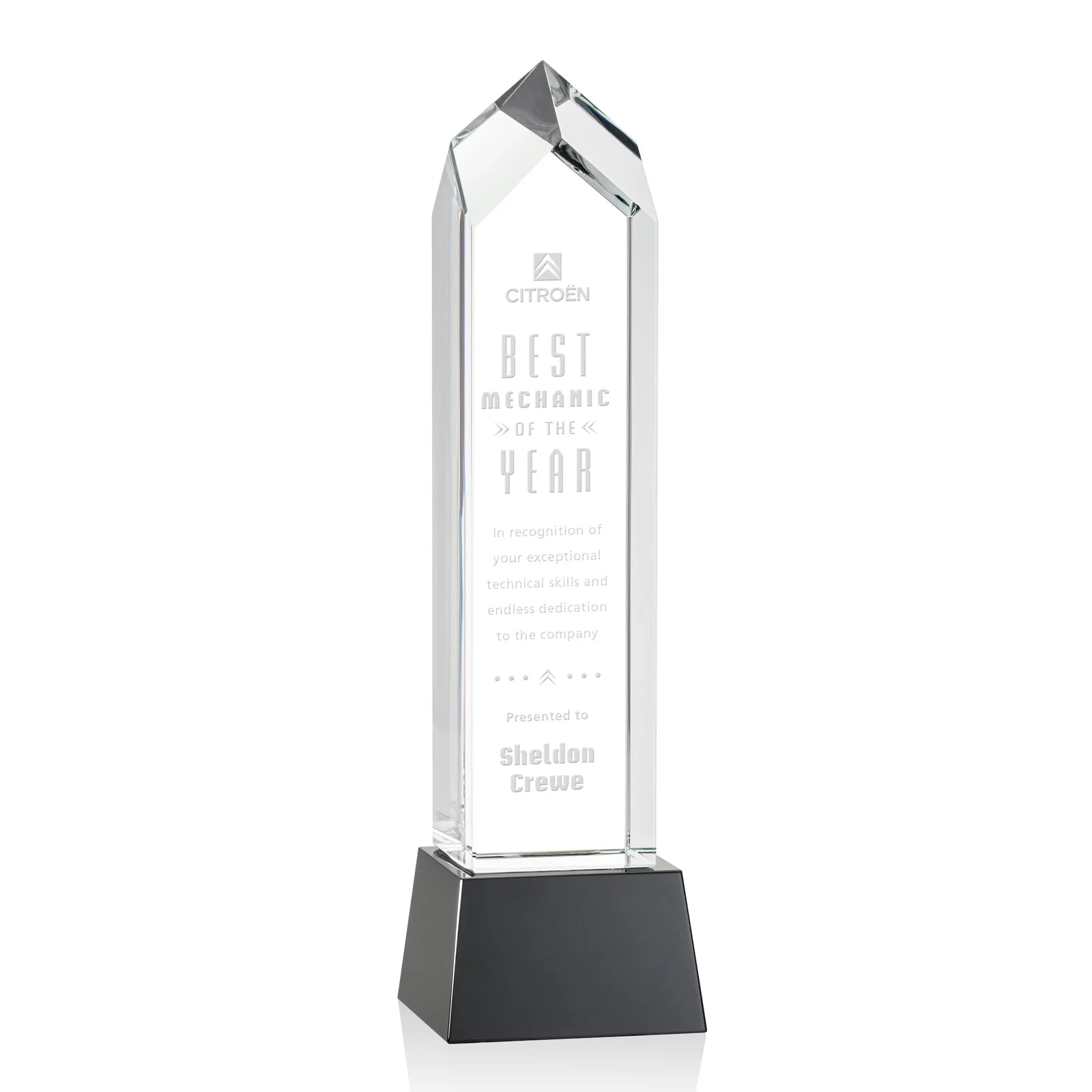 Promotional 3D Etched Optical Crystal Tower Award, Raised Peak on Tapered Base for retirement presentations