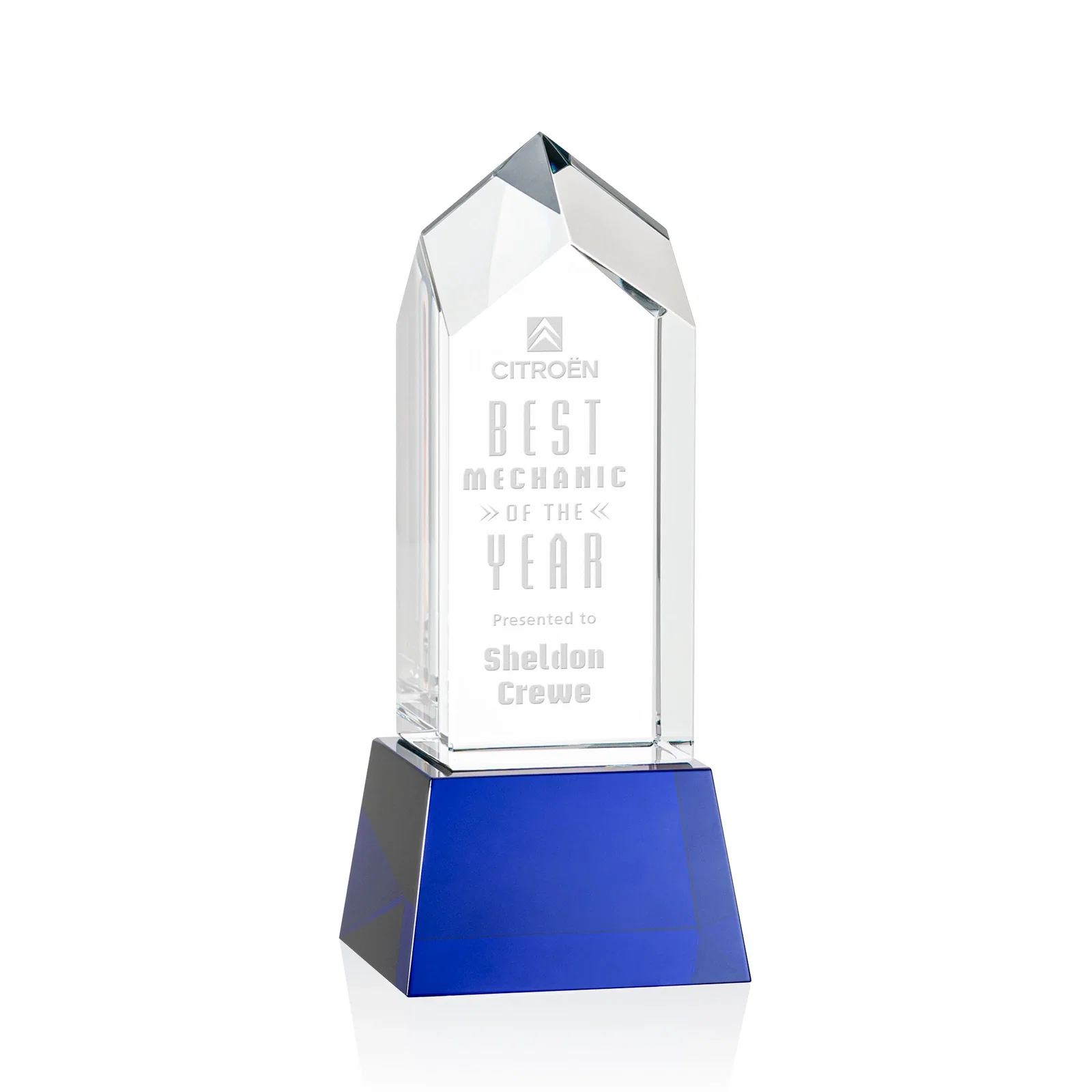 Promotional 3D Etched Optical Crystal Tower Award, Raised Peak on Tapered Base for donor appreciation