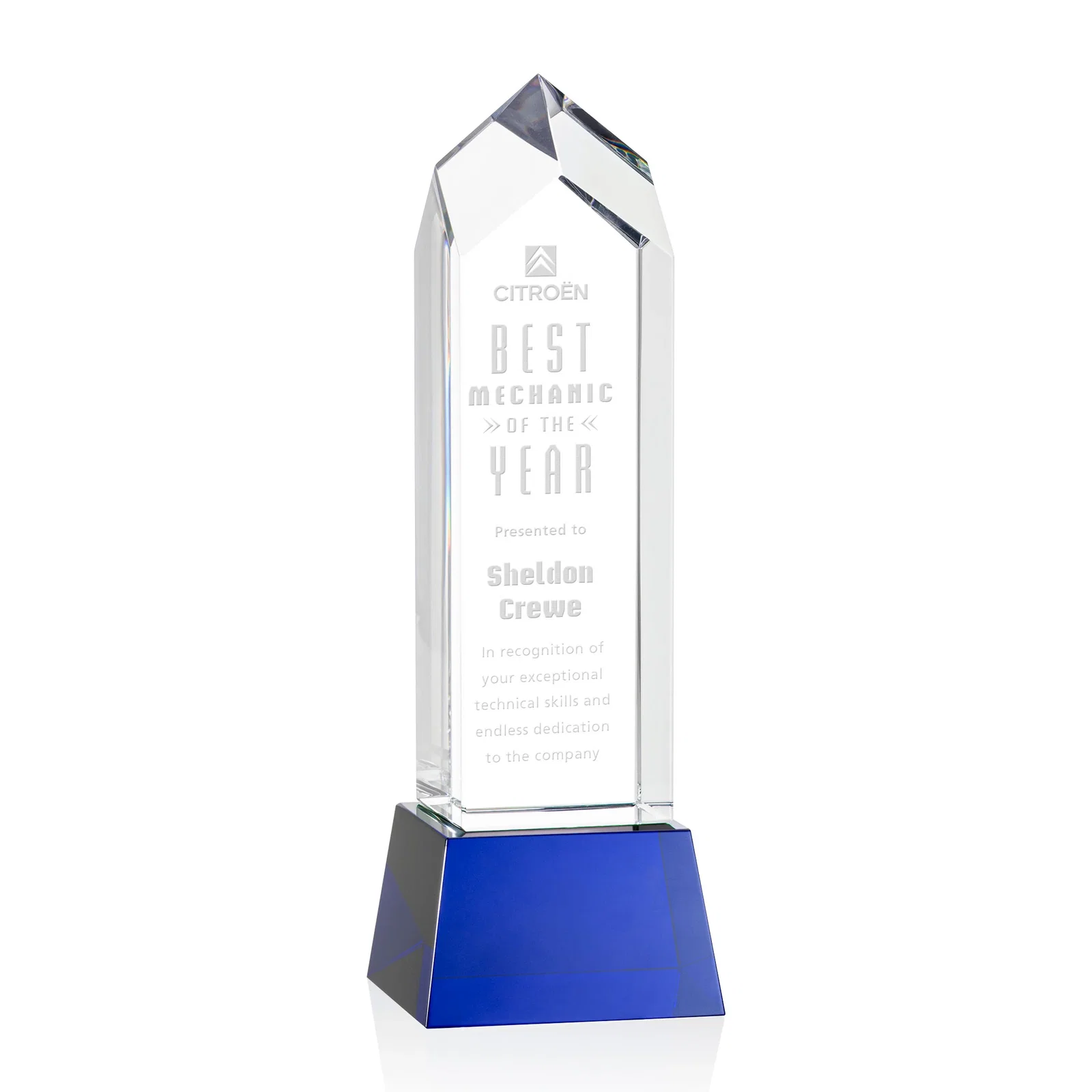 Promotional 3D Etched Optical Crystal Tower Award, Raised Peak on Tapered Base for graduation ceremonies