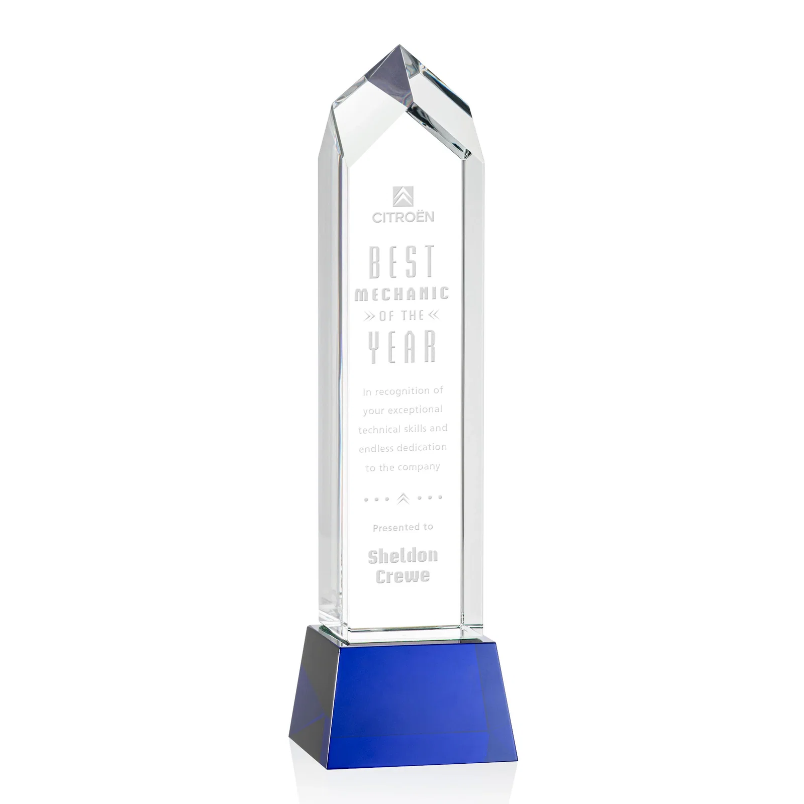 Promotional 3D Etched Optical Crystal Tower Award, Raised Peak on Tapered Base for safety achievement programs