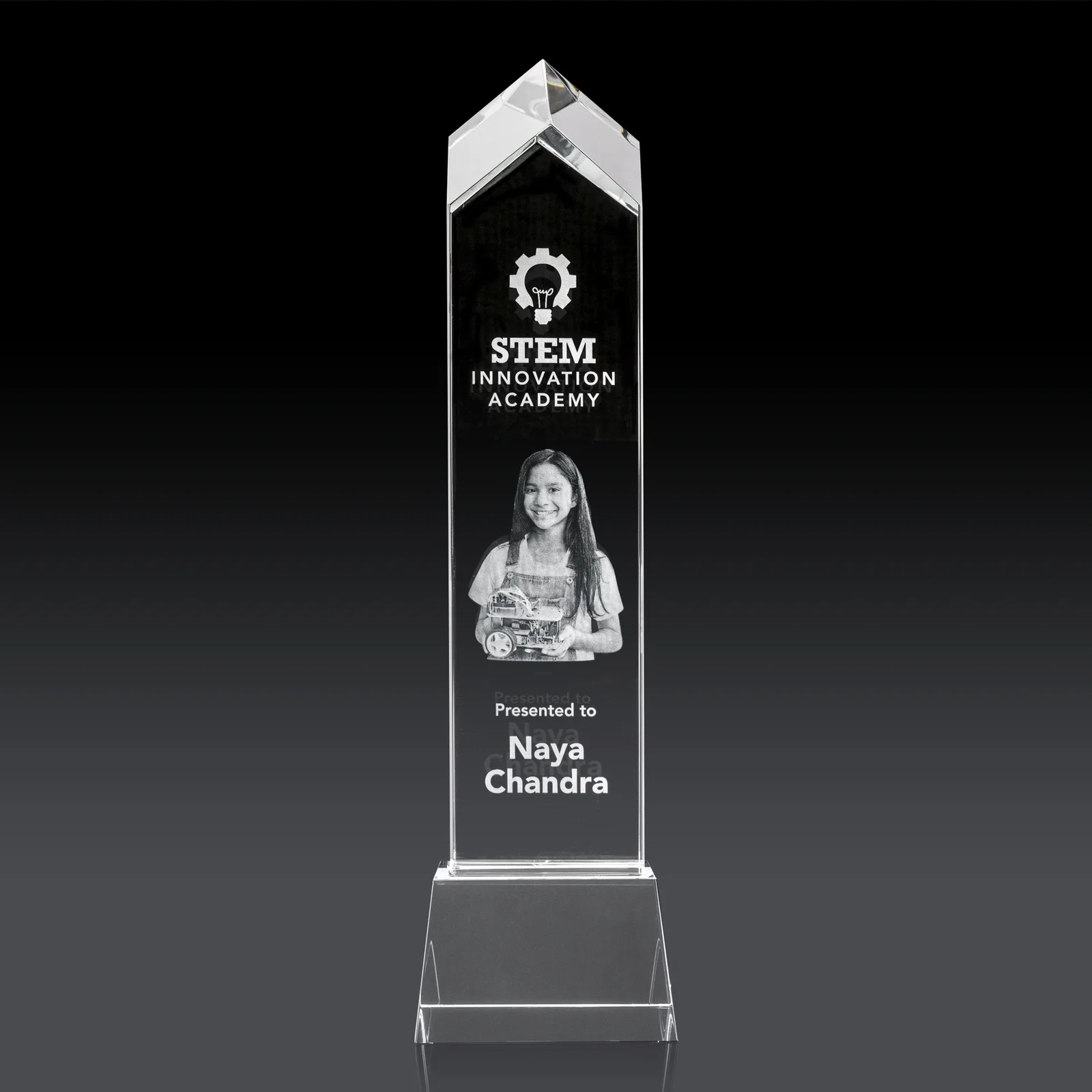 Custom 3D Etched Optical Crystal Tower Award, Raised Peak on Tapered Base for sales achievement awards