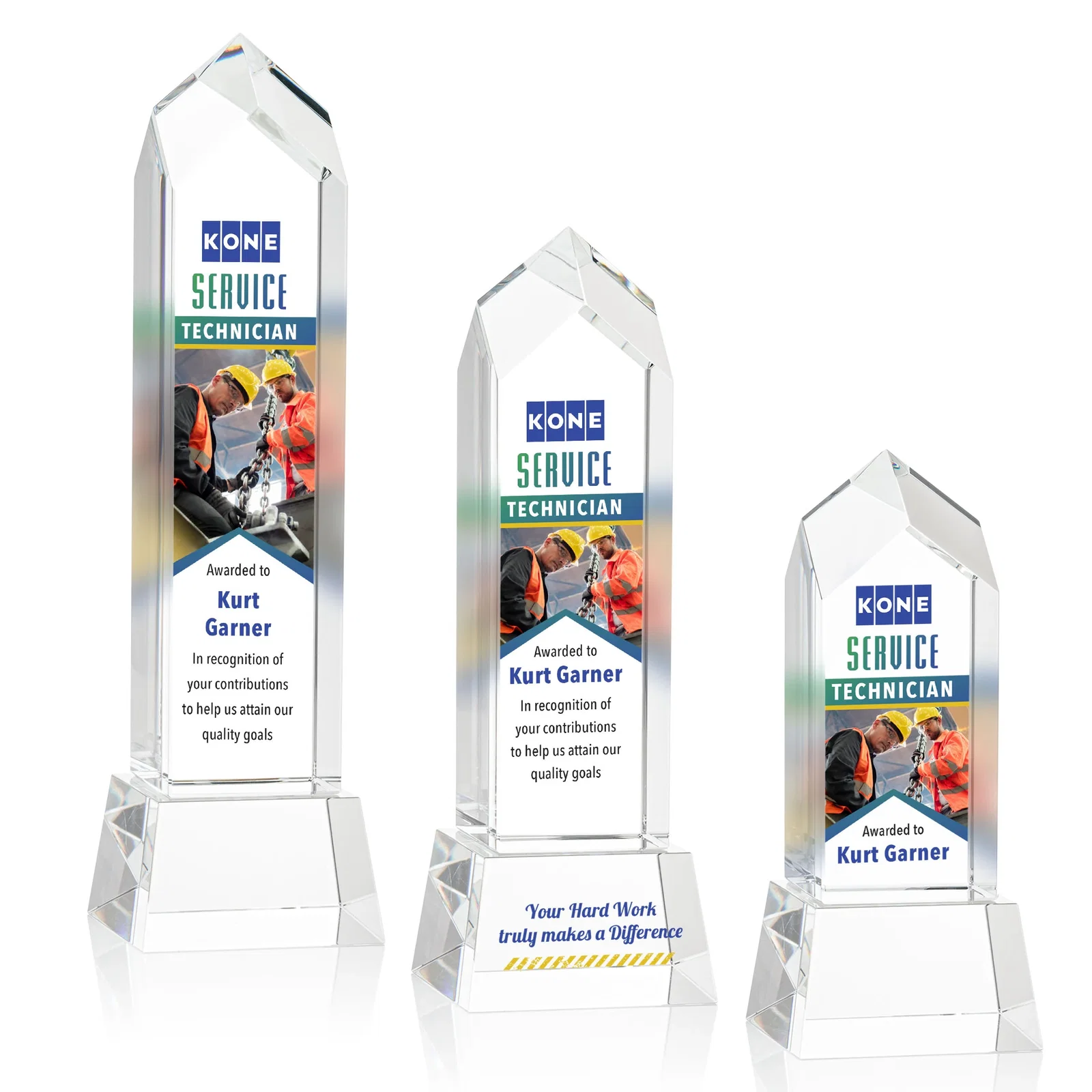 Promotional 3D Etched Optical Crystal Tower Award, Raised Peak on Tapered Base for volunteer appreciation
