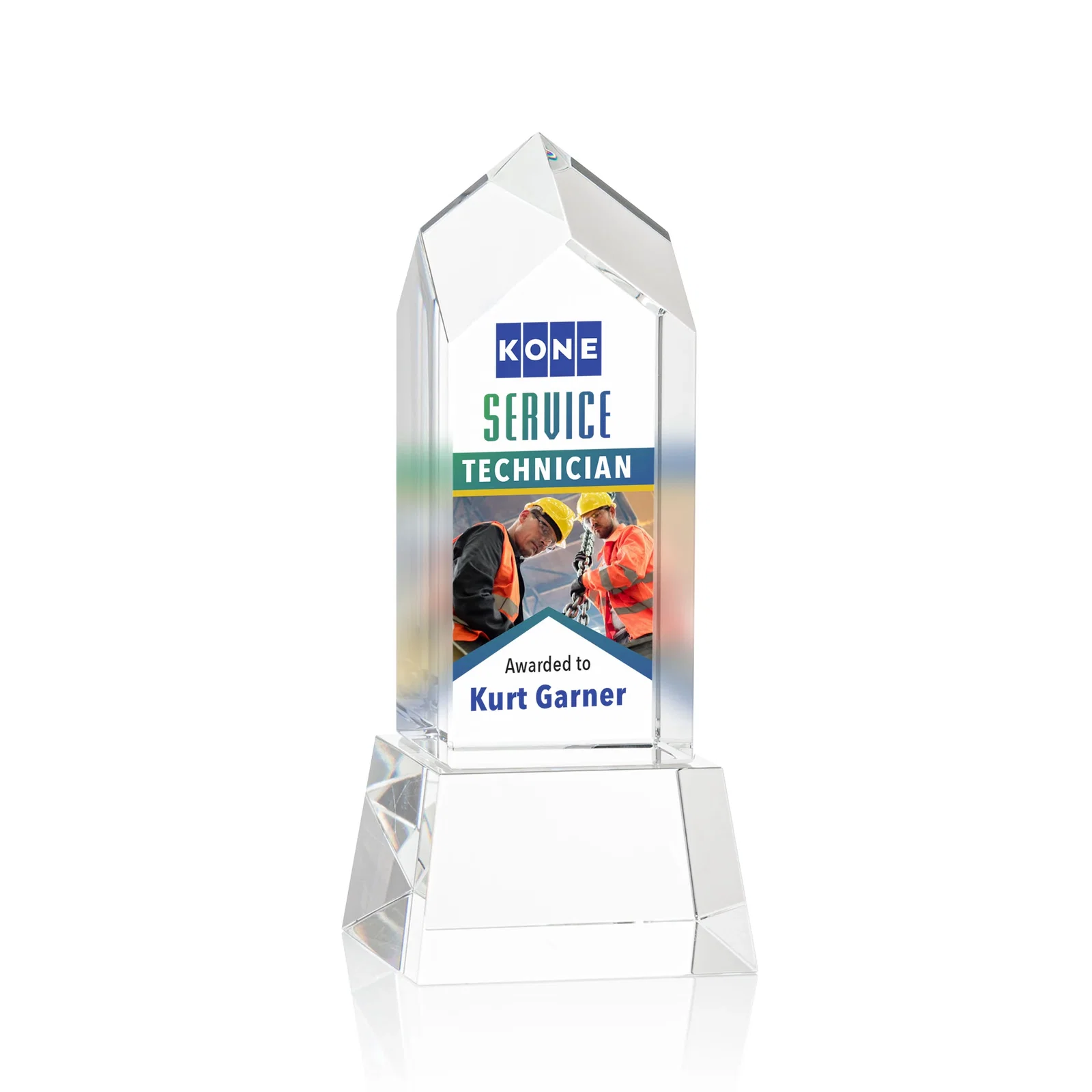 Promotional 3D Etched Optical Crystal Tower Award, Raised Peak on Tapered Base for dealer and partner awards