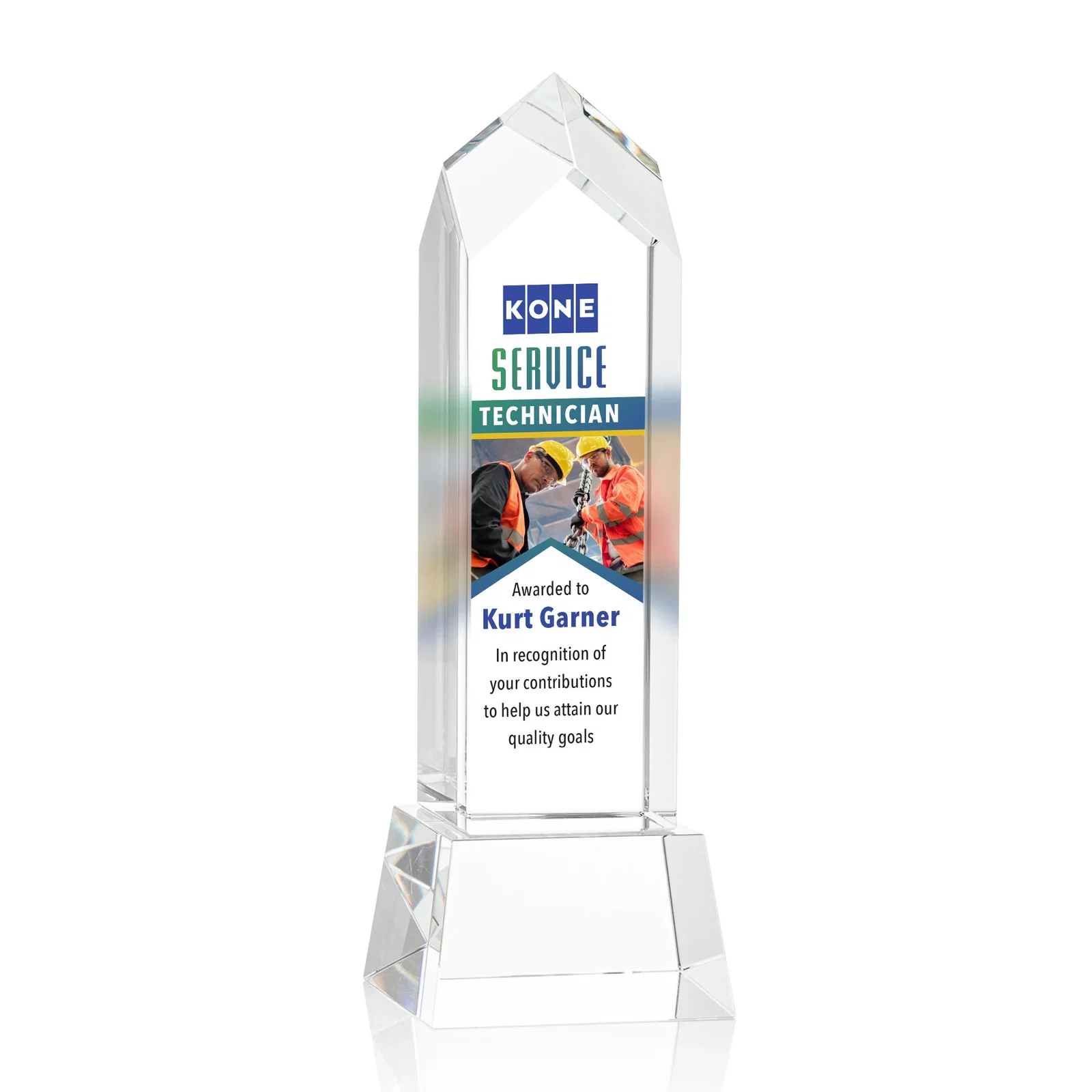 Promotional 3D Etched Optical Crystal Tower Award, Raised Peak on Tapered Base for company anniversary events