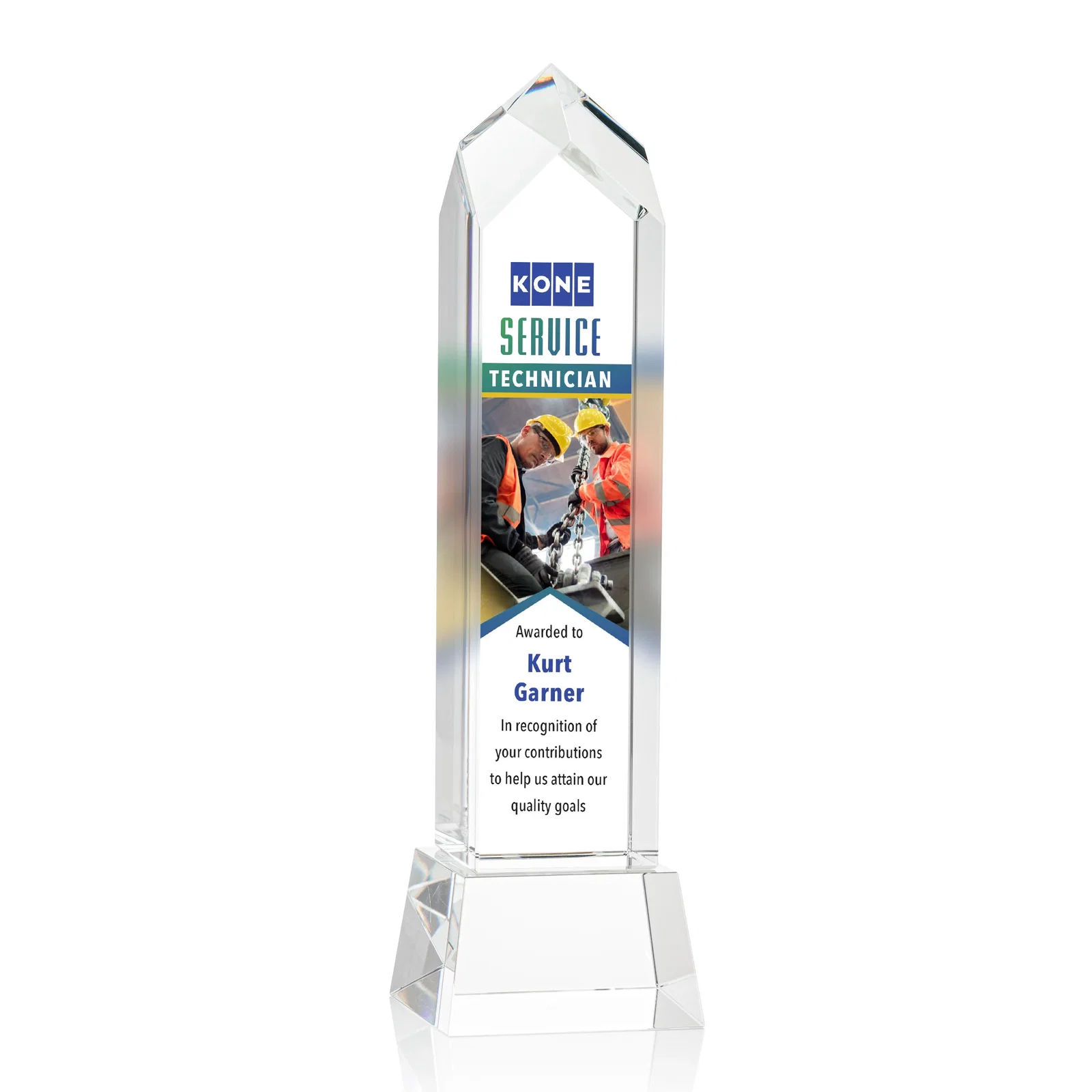 Branded 3D Etched Optical Crystal Tower Award, Raised Peak on Tapered Base for employee recognition