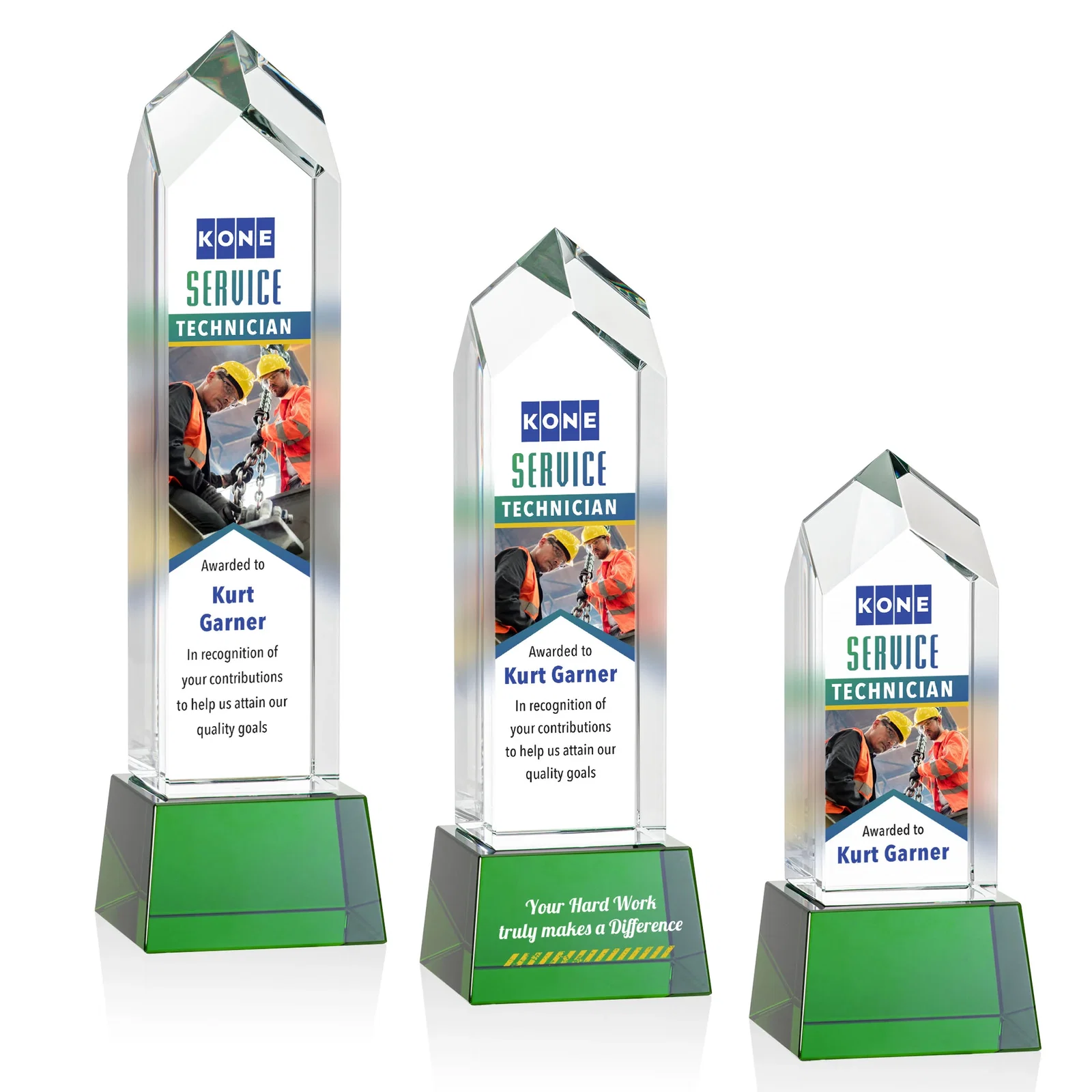 Branded 3D Etched Optical Crystal Tower Award, Raised Peak on Tapered Base for corporate award ceremonies