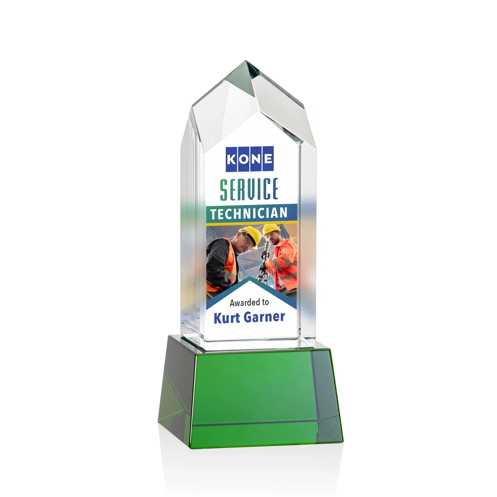 Branded 3D Etched Optical Crystal Tower Award, Raised Peak on Tapered Base for service anniversary gifts