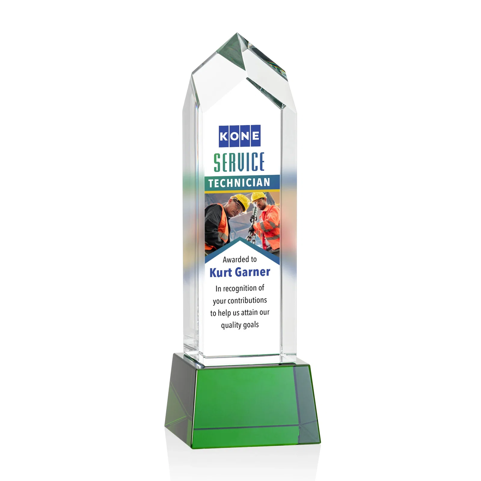 Branded 3D Etched Optical Crystal Tower Award, Raised Peak on Tapered Base for sales achievement awards