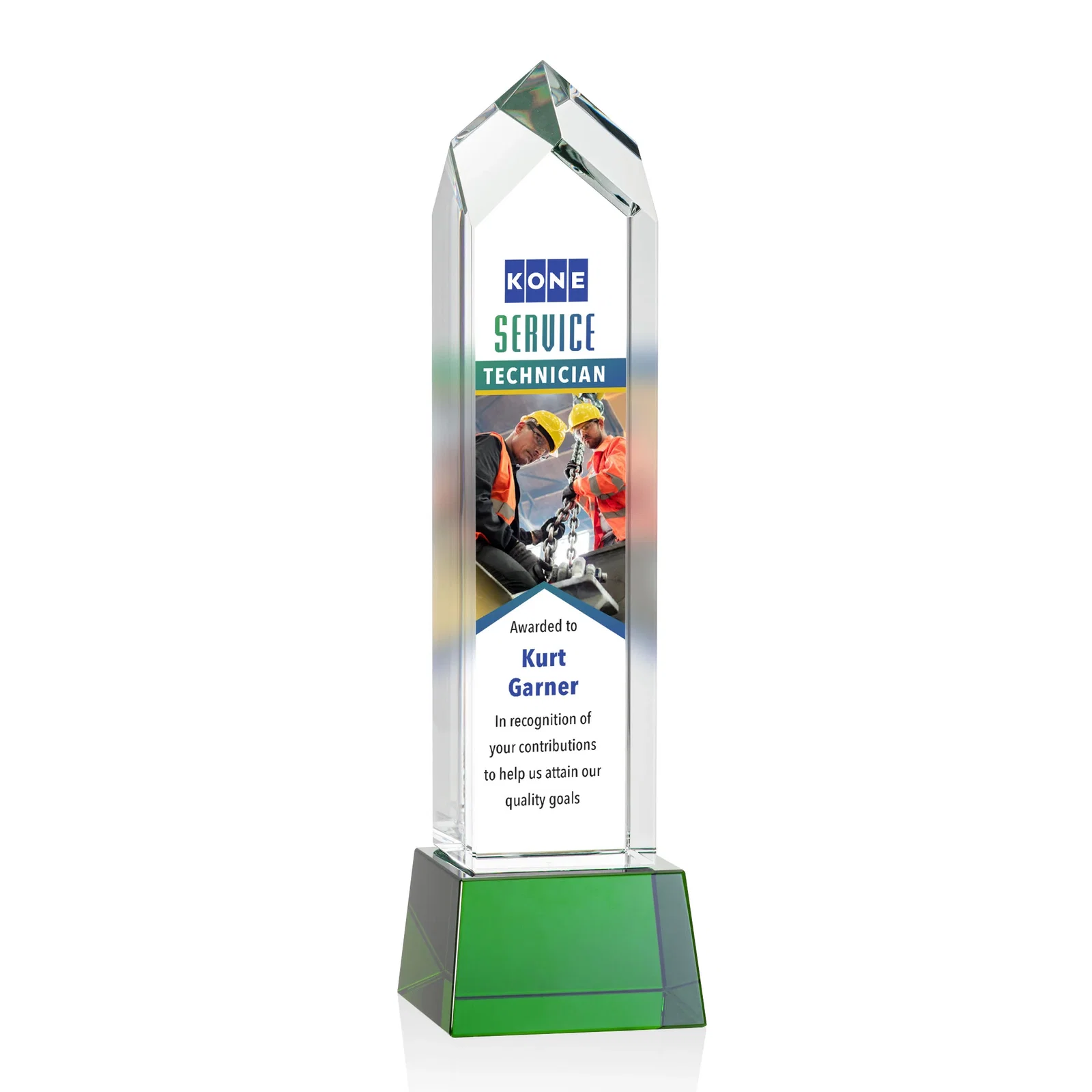 Branded 3D Etched Optical Crystal Tower Award, Raised Peak on Tapered Base for retirement presentations