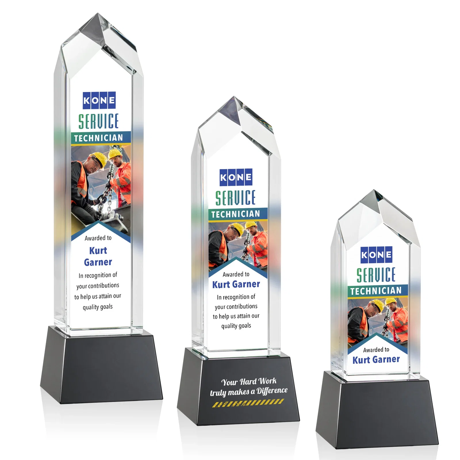 Branded 3D Etched Optical Crystal Tower Award, Raised Peak on Tapered Base for team milestone celebrations