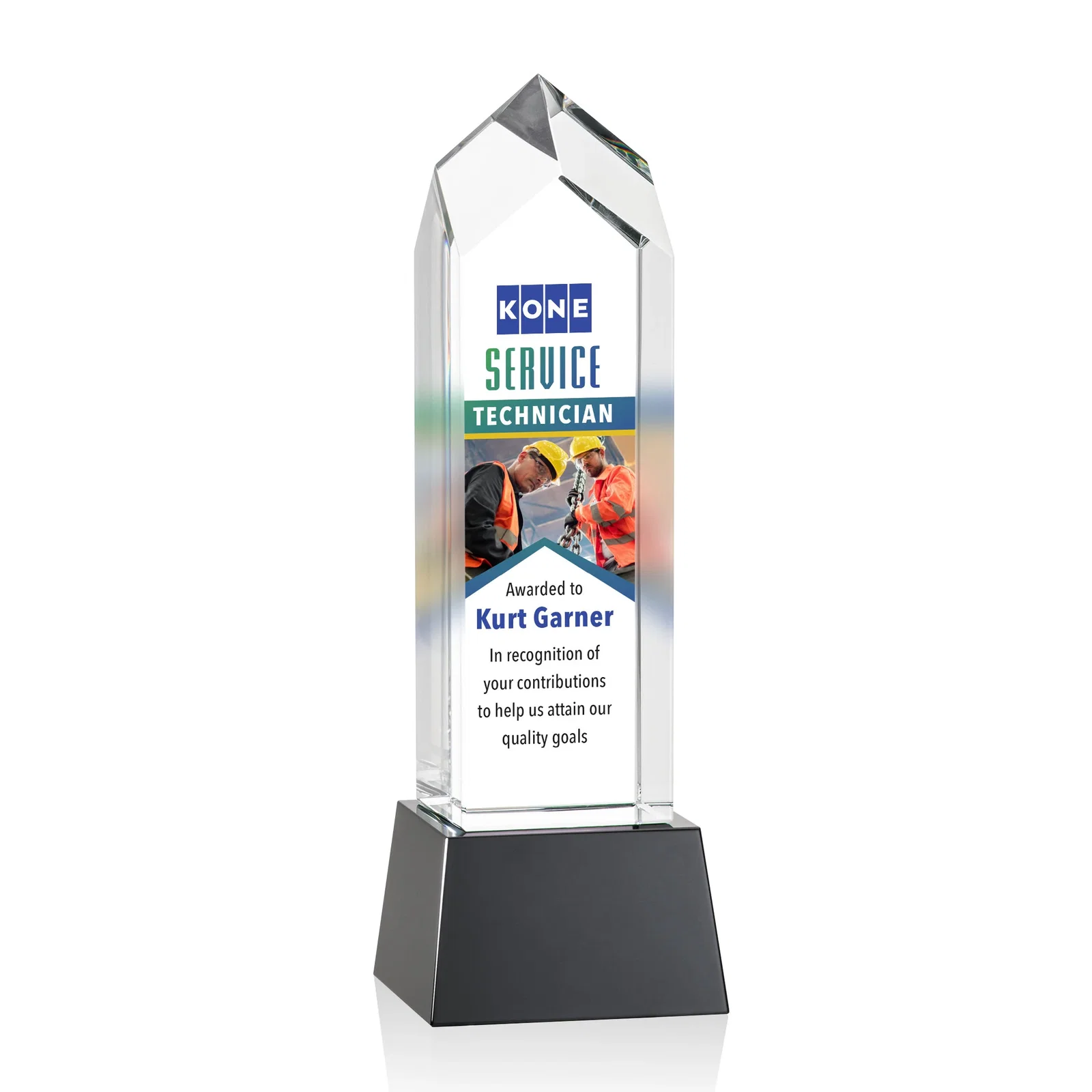 Branded 3D Etched Optical Crystal Tower Award, Raised Peak on Tapered Base for graduation ceremonies
