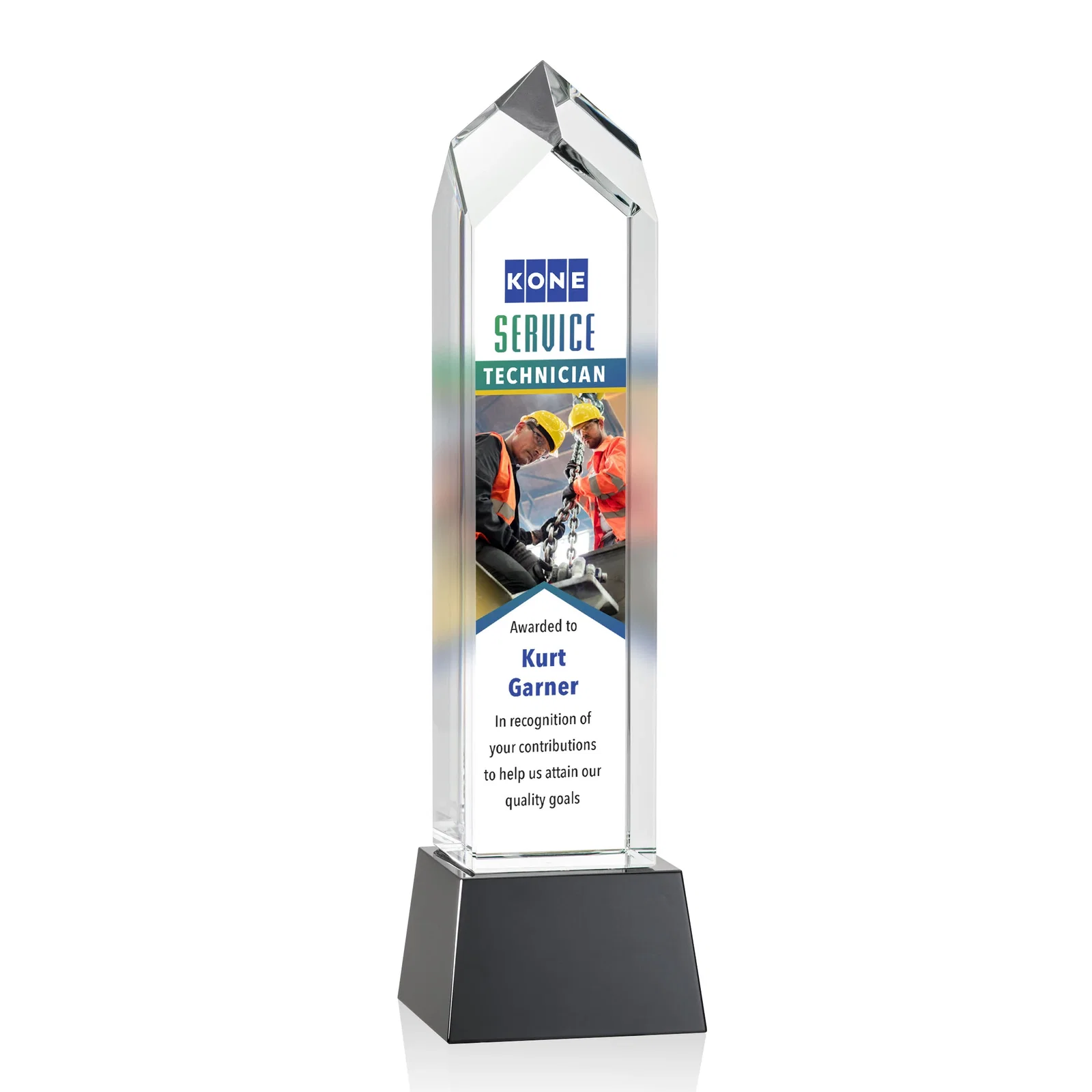 Branded 3D Etched Optical Crystal Tower Award, Raised Peak on Tapered Base for safety achievement programs