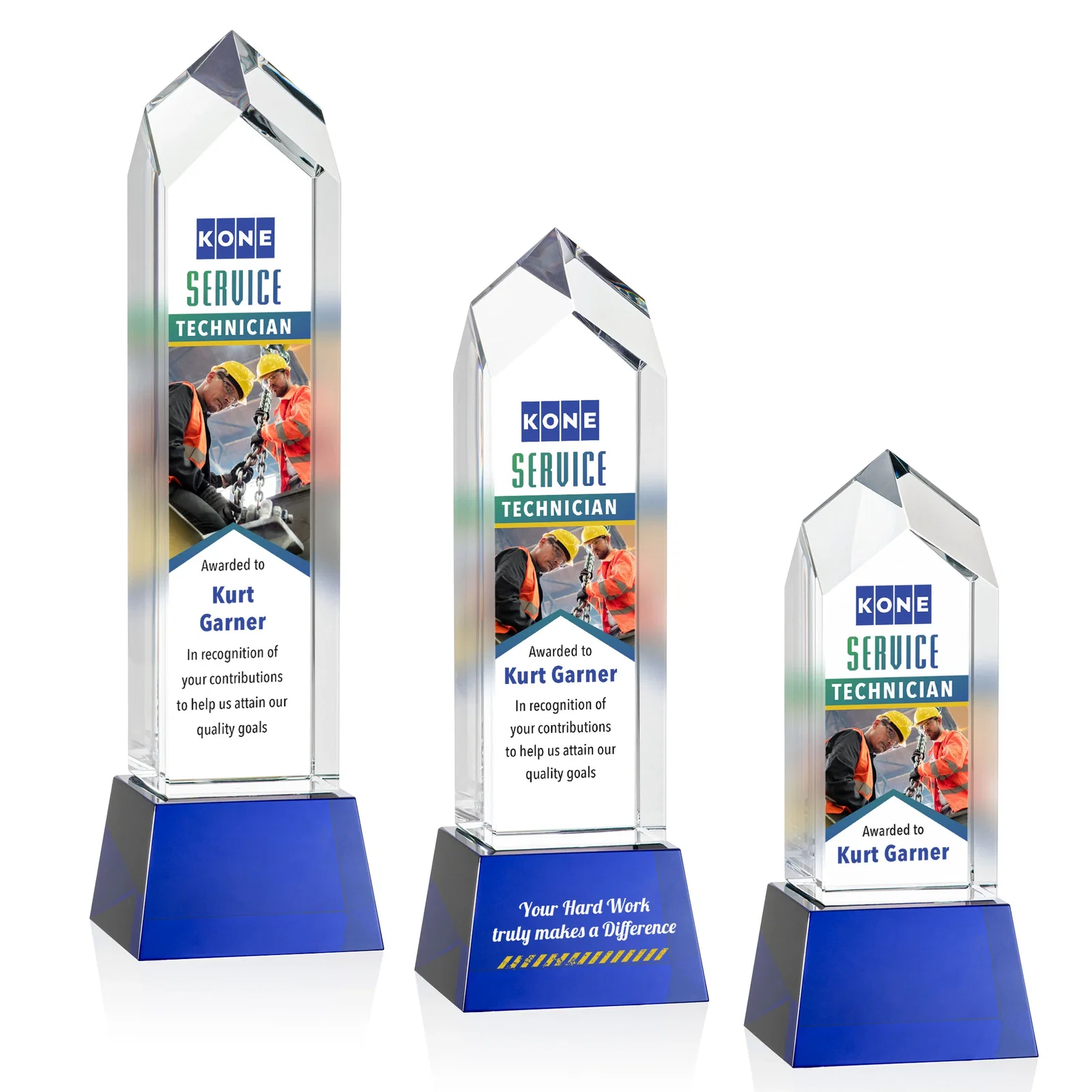 Branded 3D Etched Optical Crystal Tower Award, Raised Peak on Tapered Base for volunteer appreciation