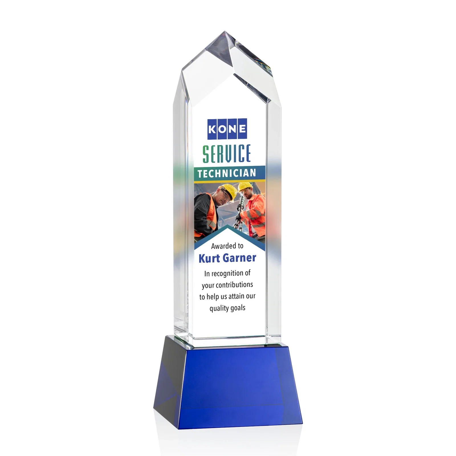 Branded 3D Etched Optical Crystal Tower Award, Raised Peak on Tapered Base for company anniversary events