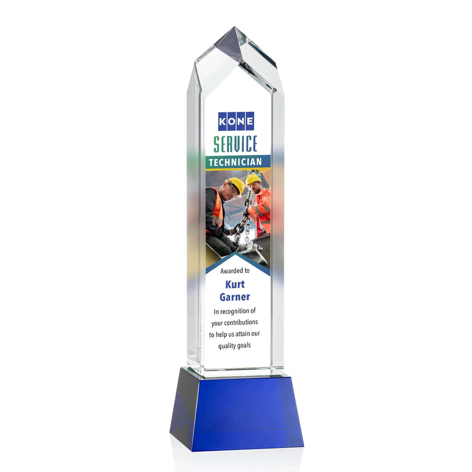 Custom printed 3D Etched Optical Crystal Tower Award, Raised Peak on Tapered Base for employee recognition