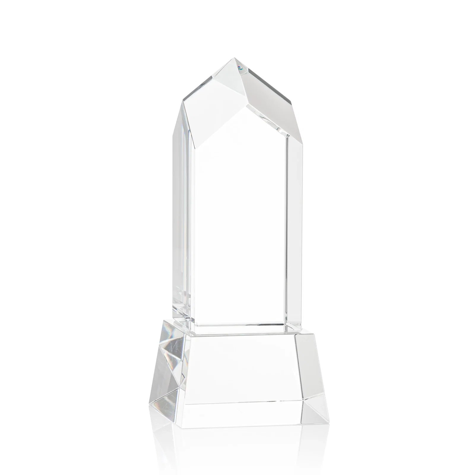 Custom printed 3D Etched Optical Crystal Tower Award, Raised Peak on Tapered Base for corporate award ceremonies