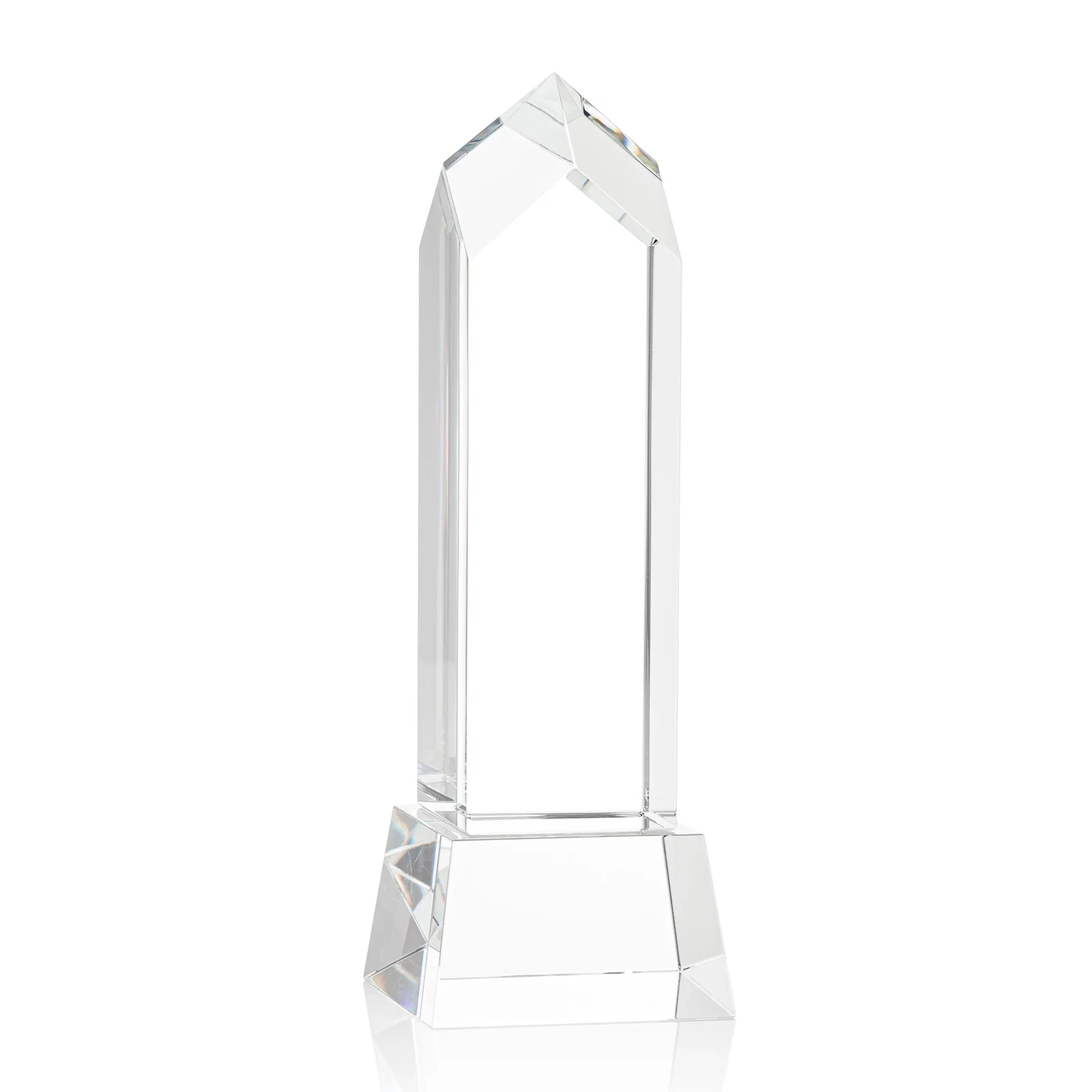 Custom printed 3D Etched Optical Crystal Tower Award, Raised Peak on Tapered Base for service anniversary gifts