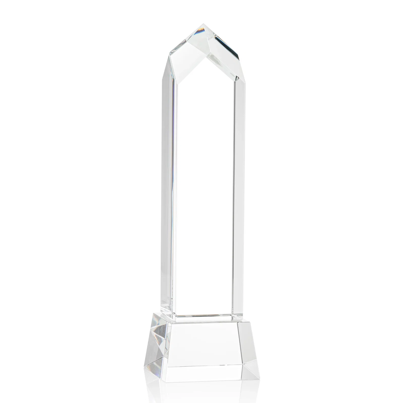 Custom printed 3D Etched Optical Crystal Tower Award, Raised Peak on Tapered Base for sales achievement awards