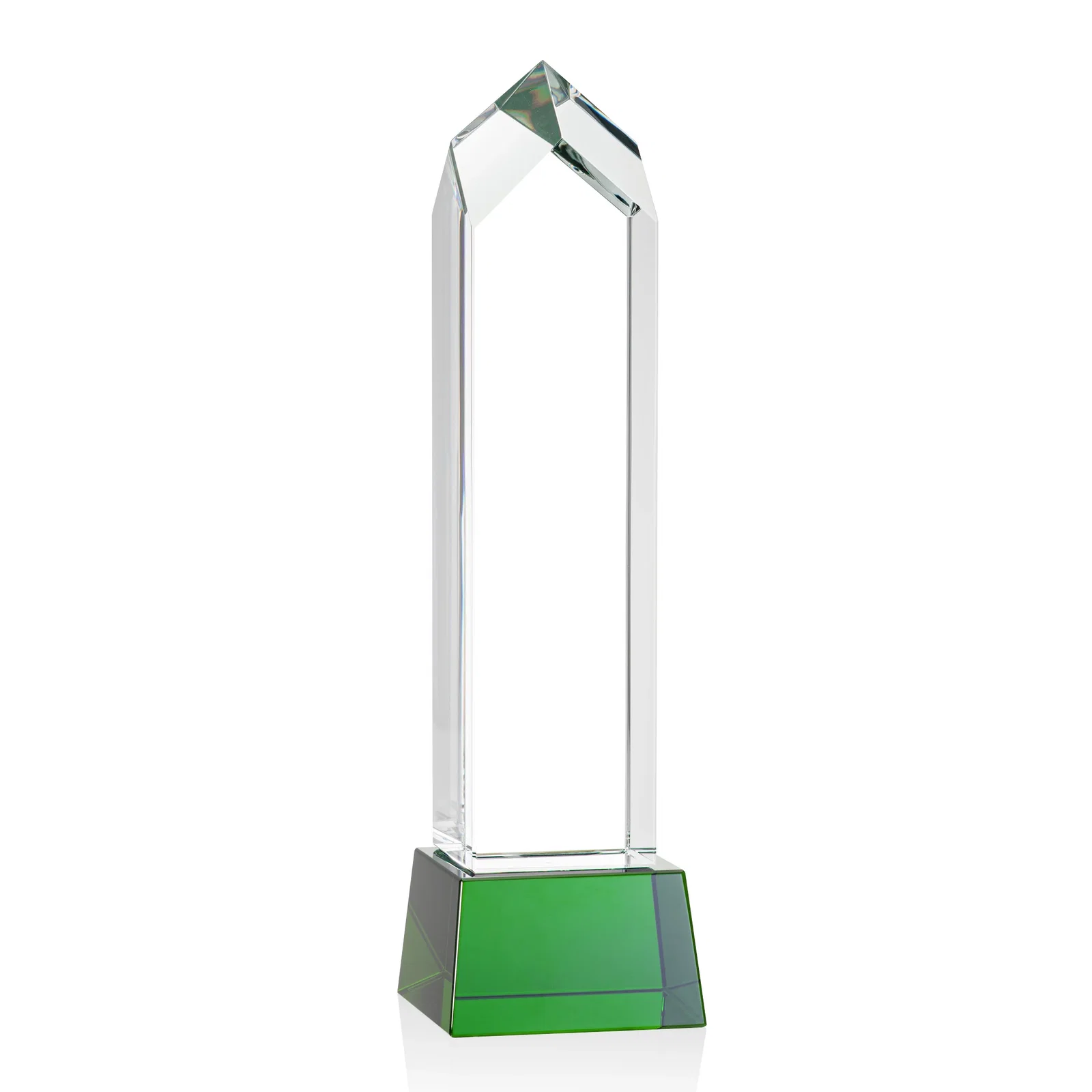 Custom printed 3D Etched Optical Crystal Tower Award, Raised Peak on Tapered Base for donor appreciation