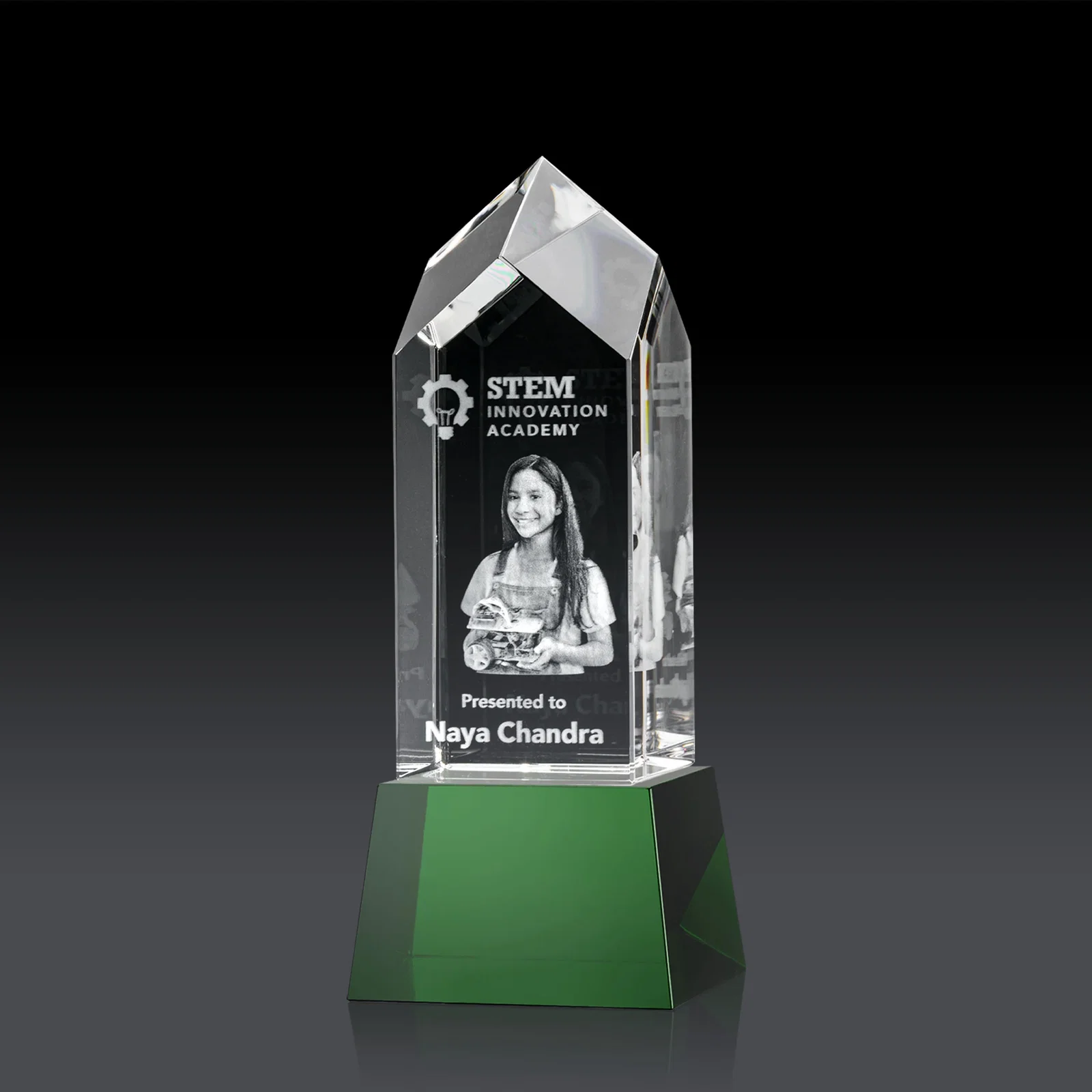 Custom 3D Etched Optical Crystal Tower Award, Raised Peak on Tapered Base for donor appreciation