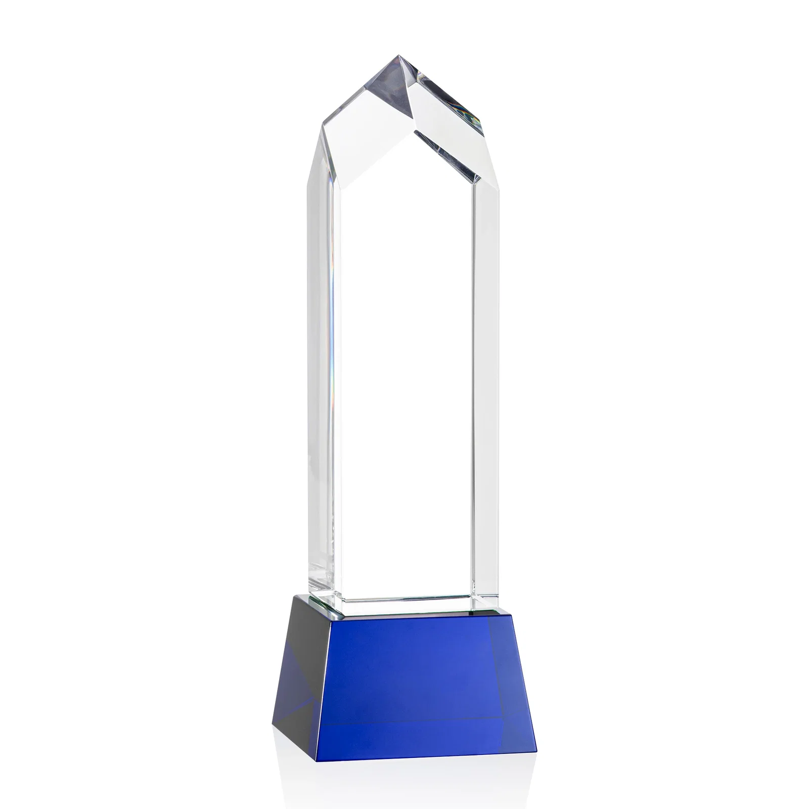 Custom printed 3D Etched Optical Crystal Tower Award, Raised Peak on Tapered Base for company anniversary events