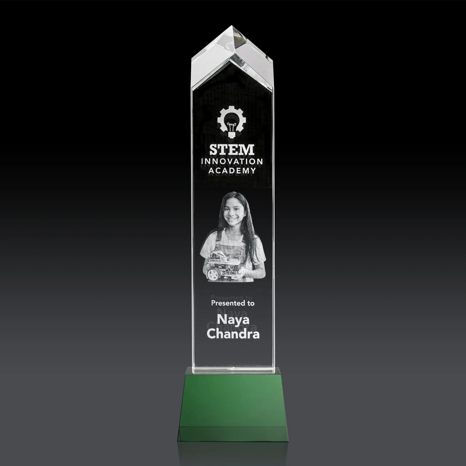 Custom 3D Etched Optical Crystal Tower Award, Raised Peak on Tapered Base for safety achievement programs