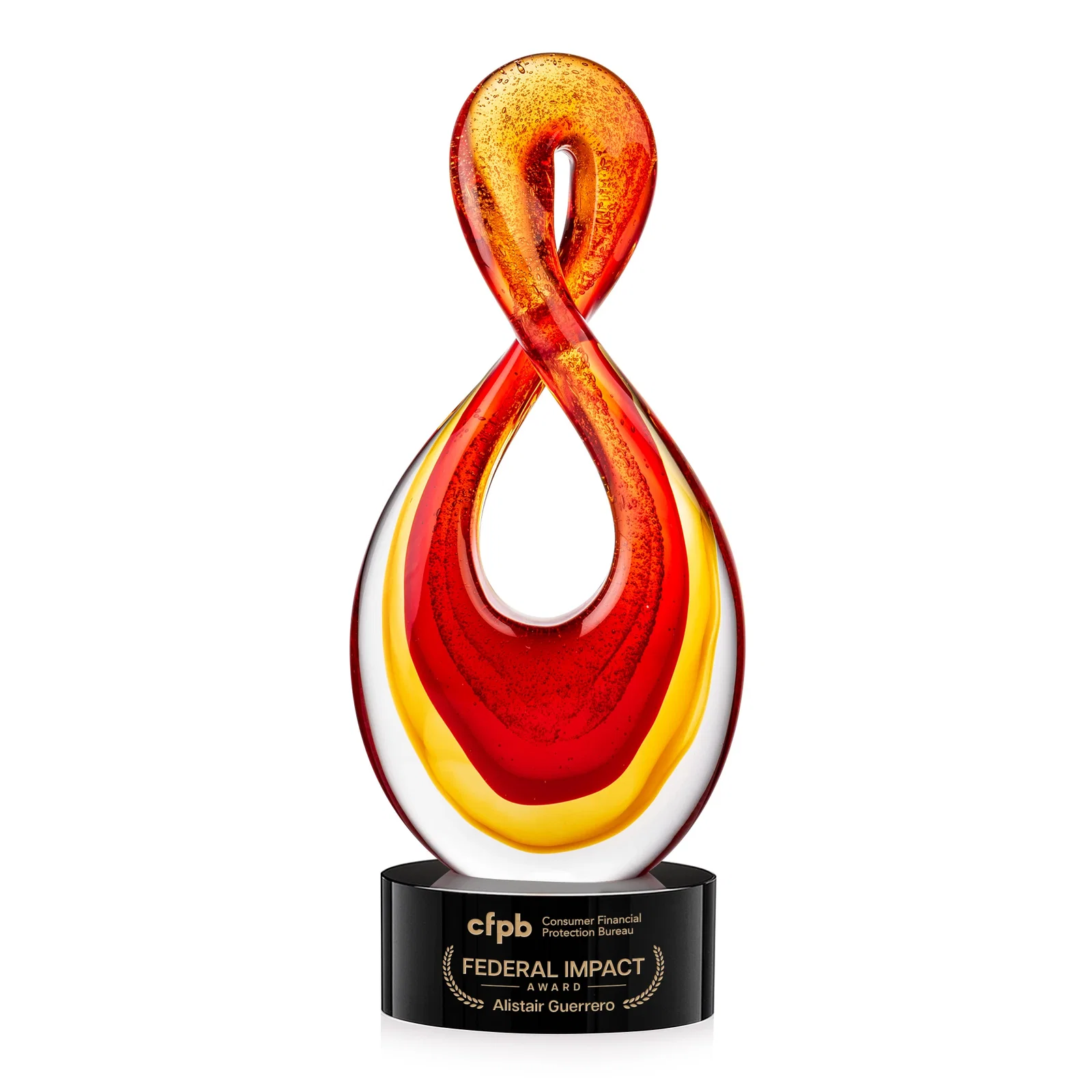 Custom Red and Amber Glass Award With Flowing Looped Form for volunteer appreciation