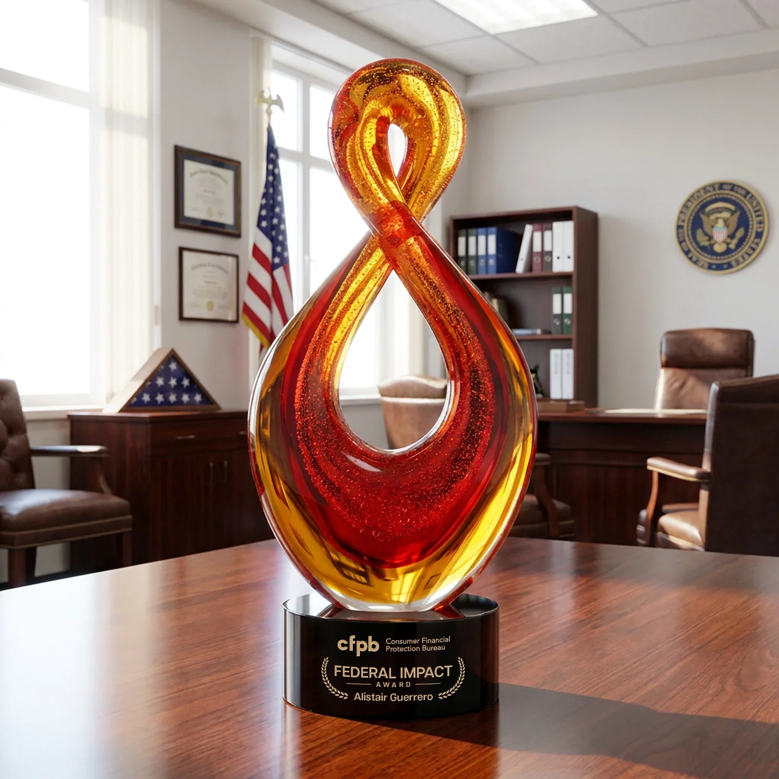 Custom Red and Amber Glass Award With Flowing Looped Form for dealer and partner awards
