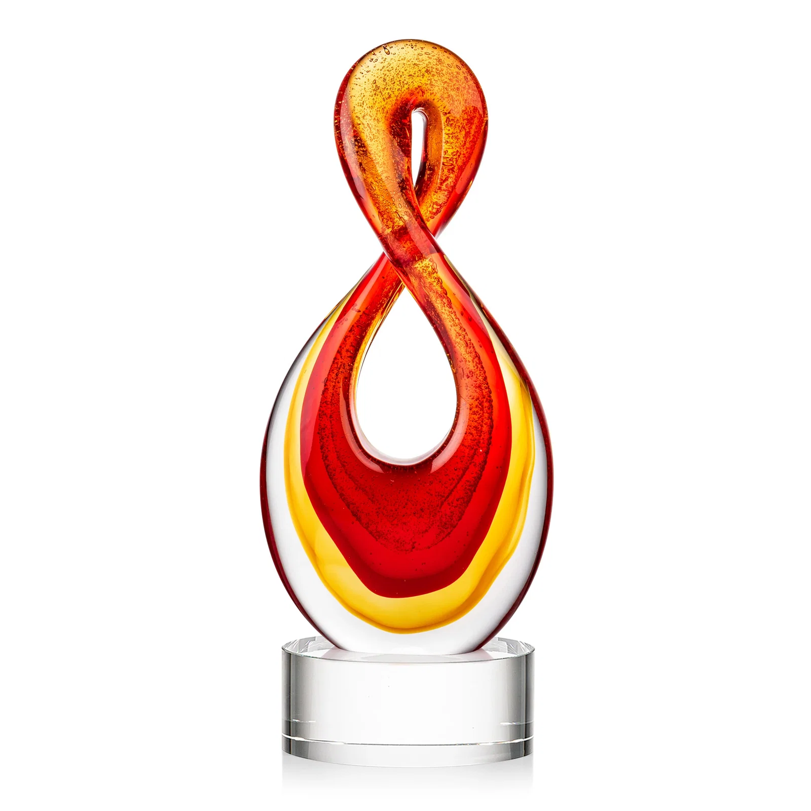 Personalized Red and Amber Glass Award With Flowing Looped Form for corporate award ceremonies