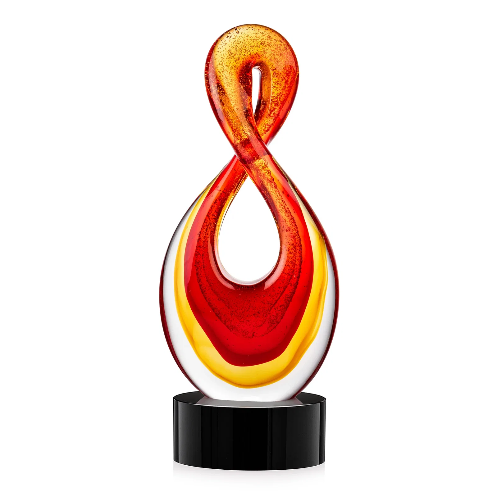 Personalized Red and Amber Glass Award With Flowing Looped Form for retirement presentations