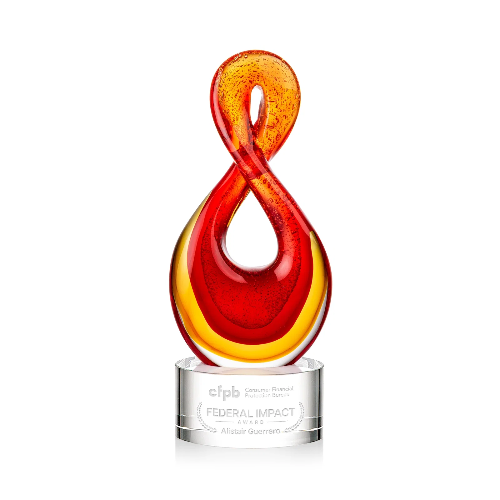 Custom Red and Amber Glass Award With Flowing Looped Form for corporate award ceremonies