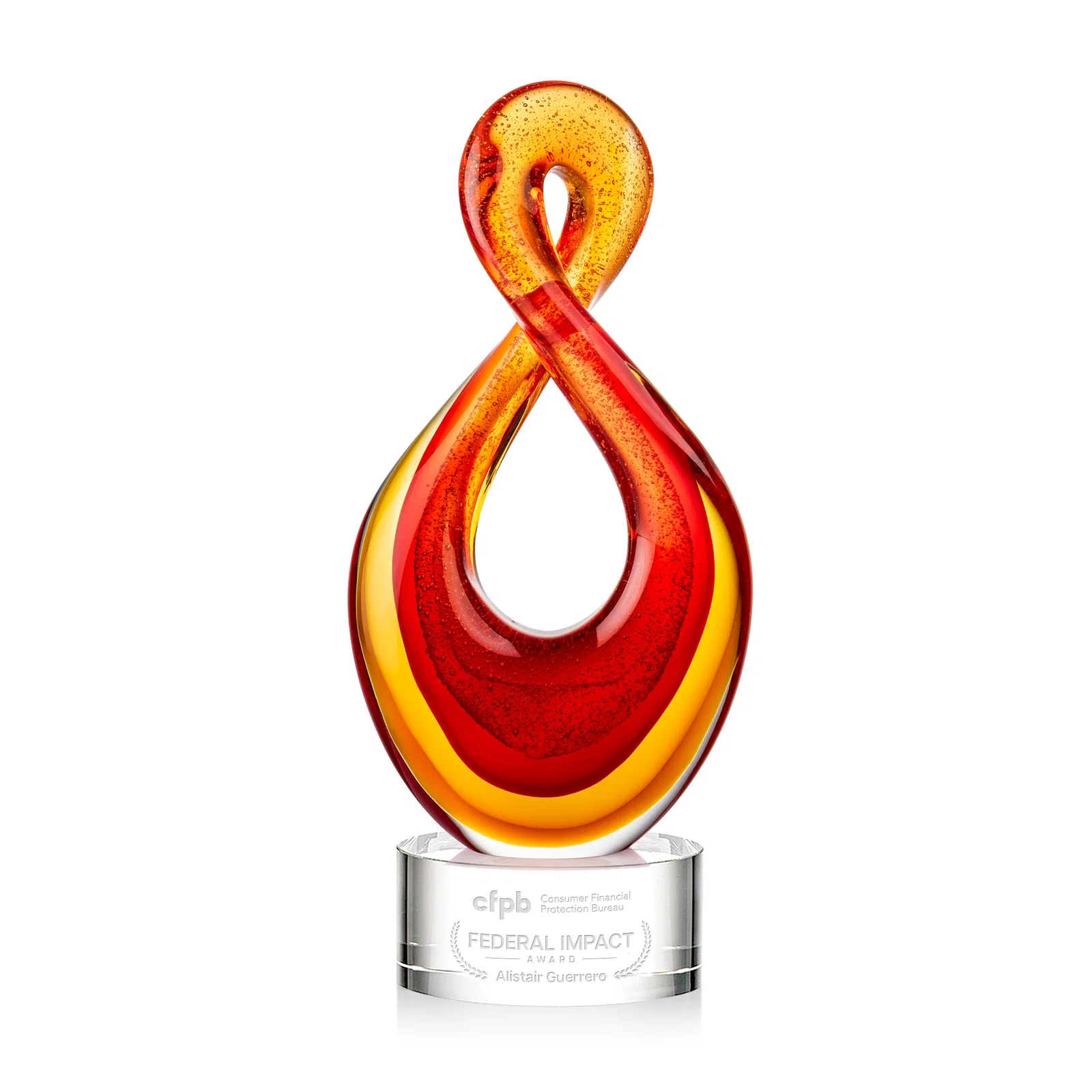 Custom Red and Amber Glass Award With Flowing Looped Form for service anniversary gifts