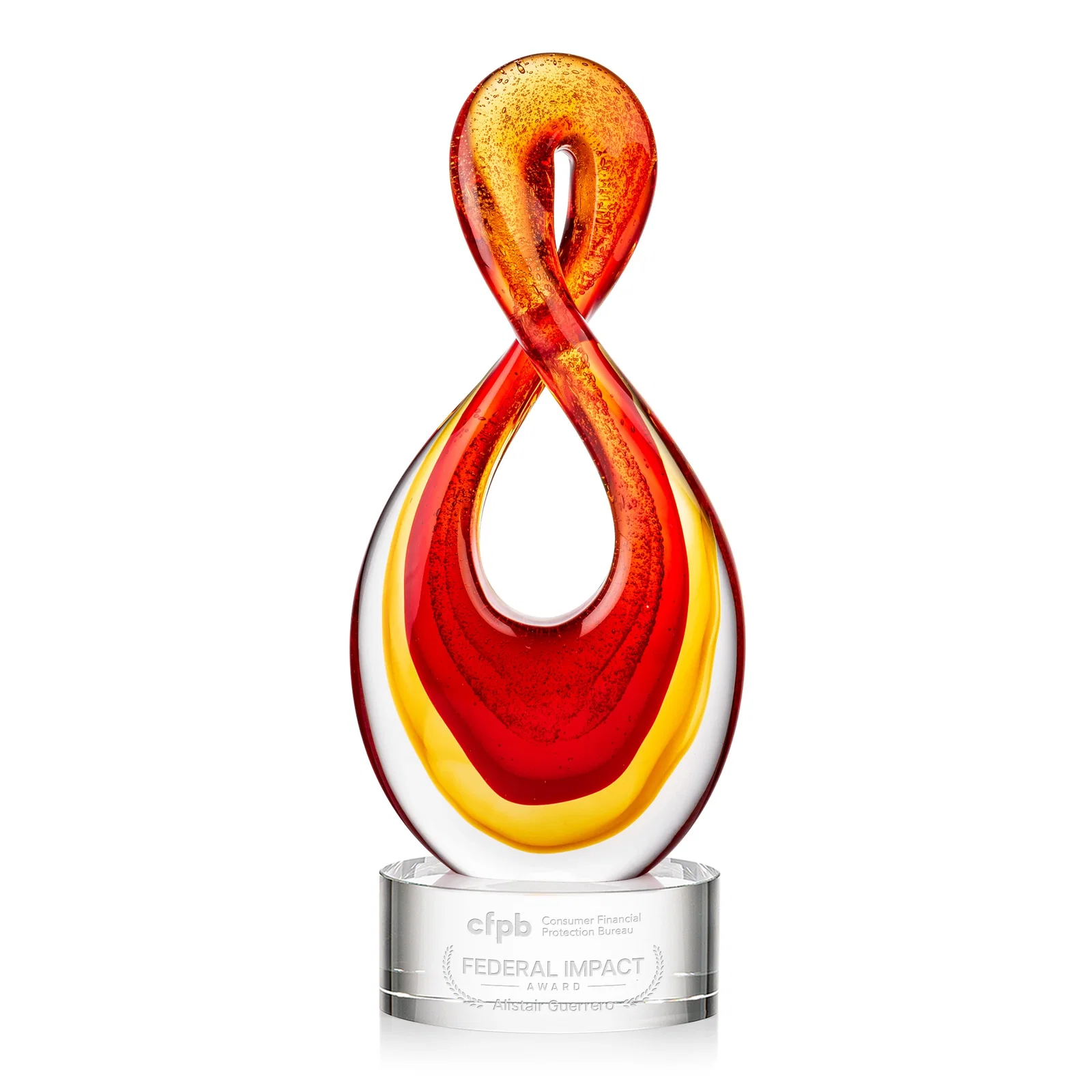 Custom Red and Amber Glass Award With Flowing Looped Form for sales achievement awards