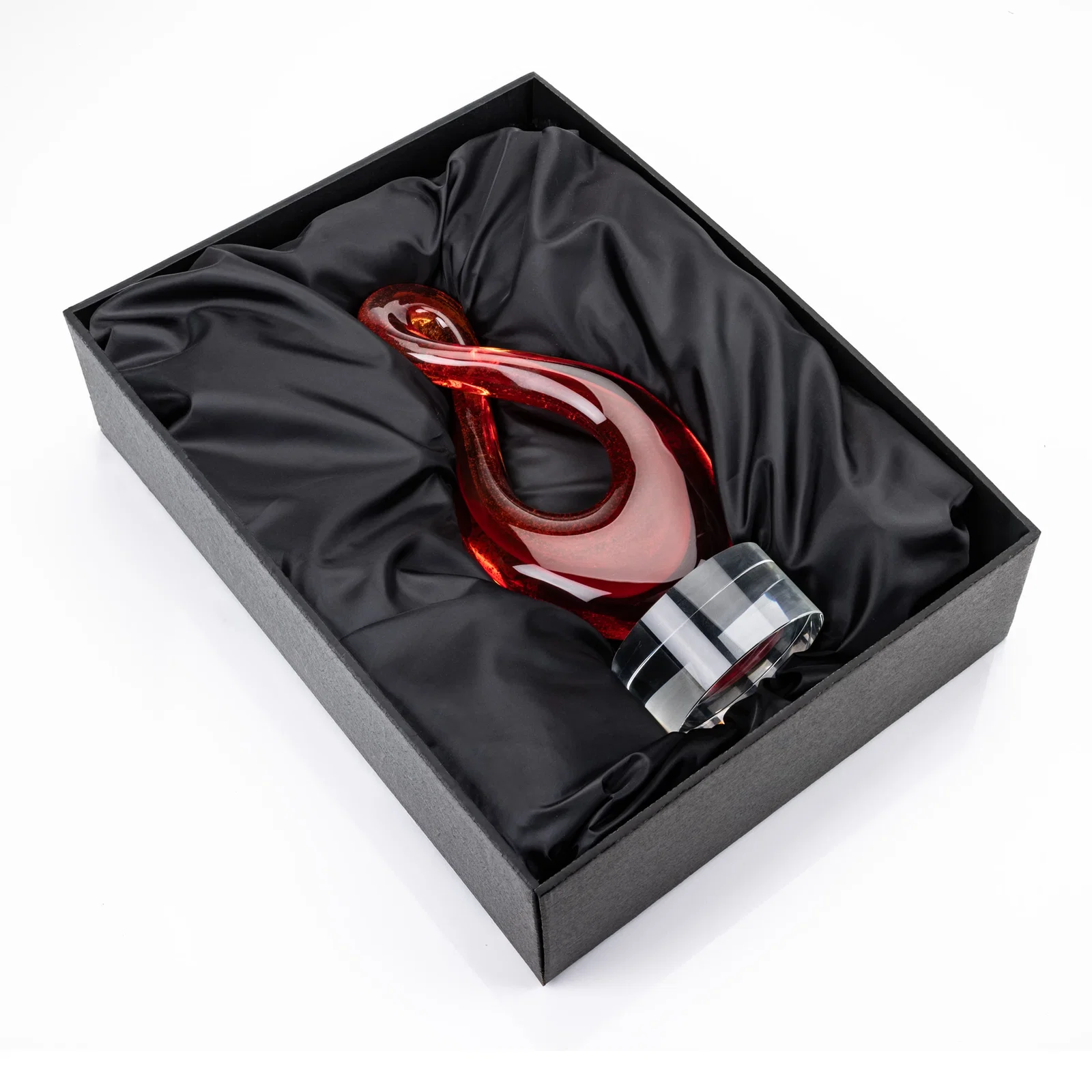 Custom Red and Amber Glass Award With Flowing Looped Form for retirement presentations