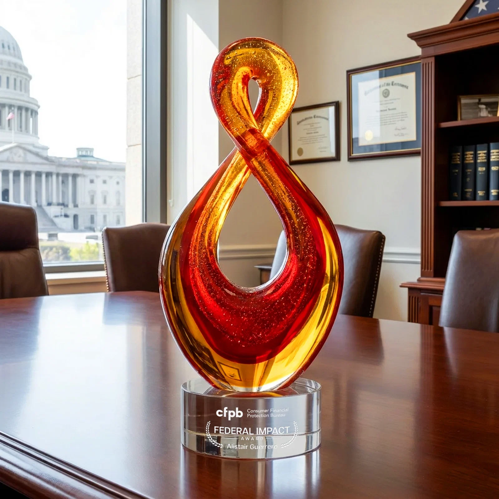 Custom Red and Amber Glass Award With Flowing Looped Form for team milestone celebrations