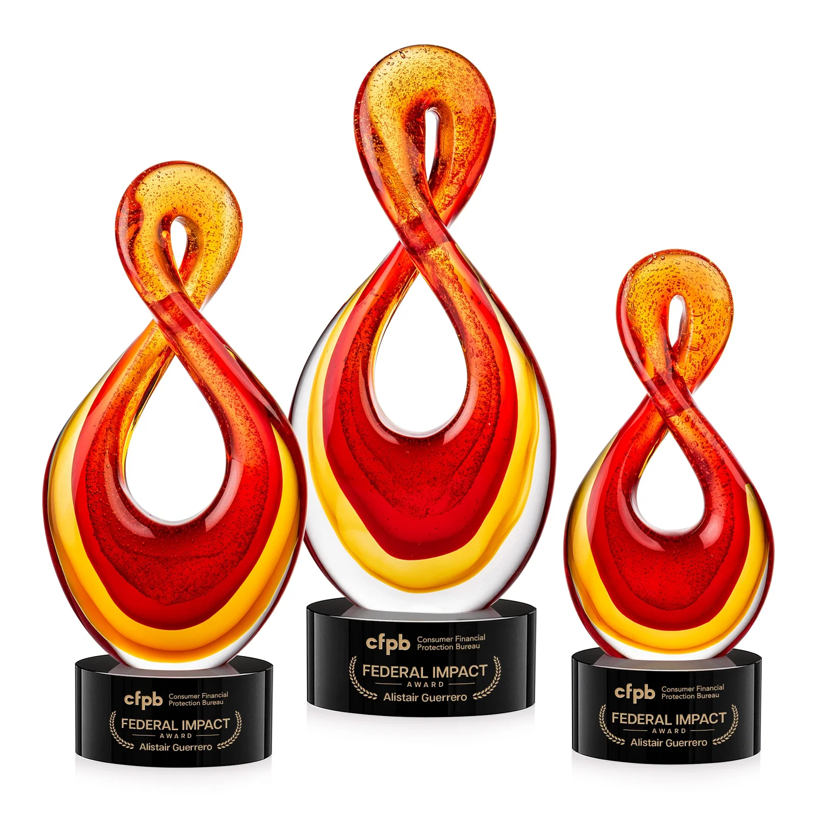 Custom Red and Amber Glass Award With Flowing Looped Form for donor appreciation