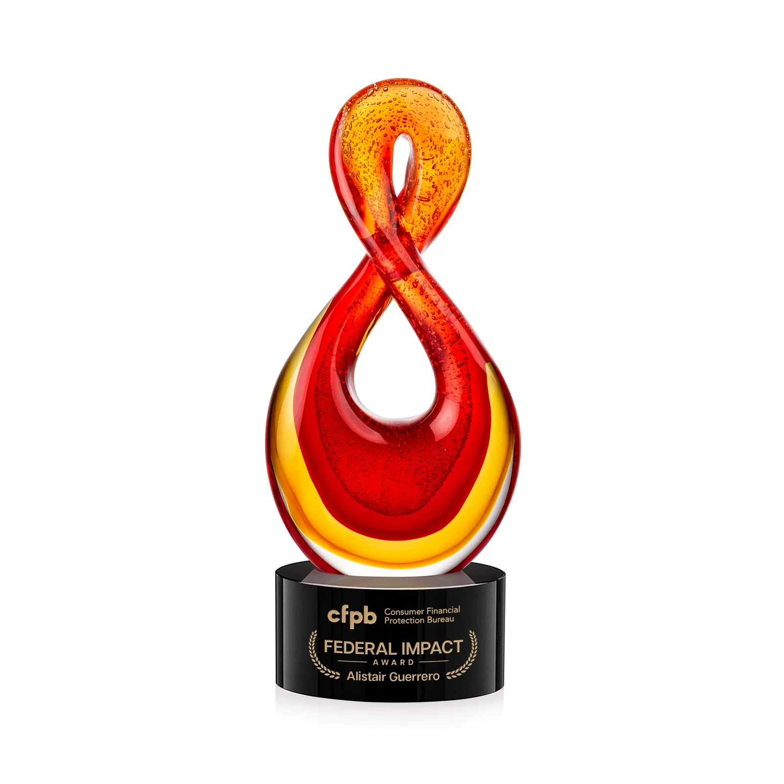 Custom Red and Amber Glass Award With Flowing Looped Form for graduation ceremonies