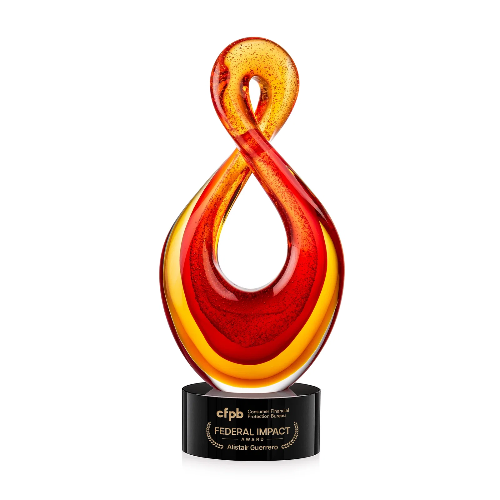 Custom Red and Amber Glass Award With Flowing Looped Form for safety achievement programs