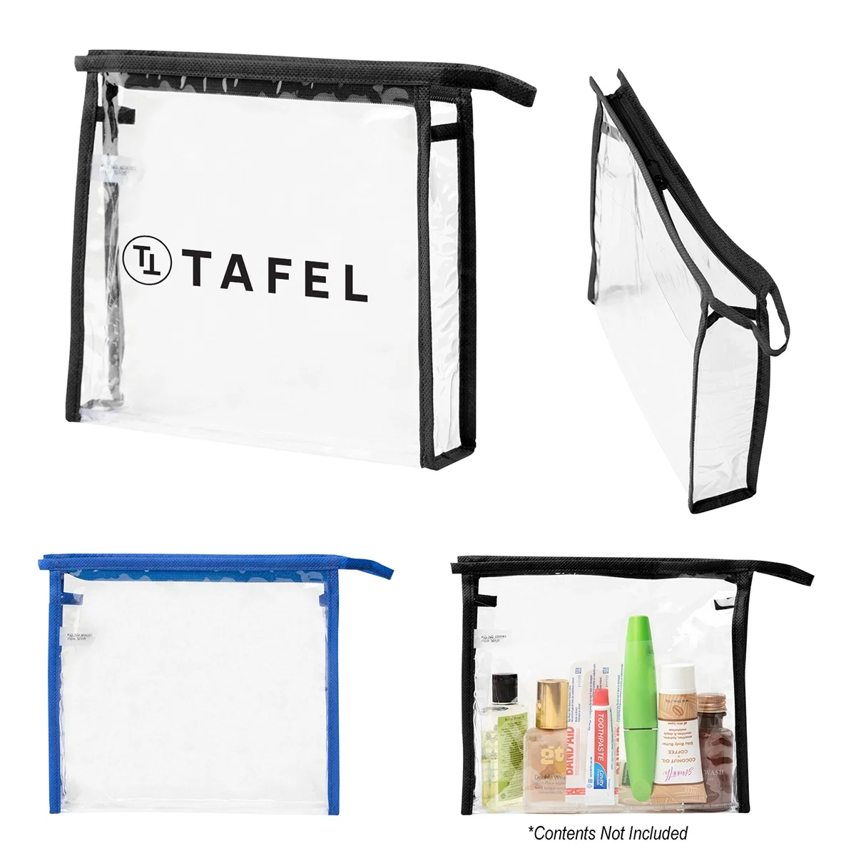 Clarity toiletry bag with clear body and colored trim, zipped shut