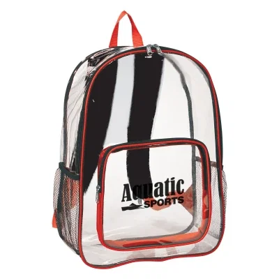 Clear backpack with double zippers and red trim