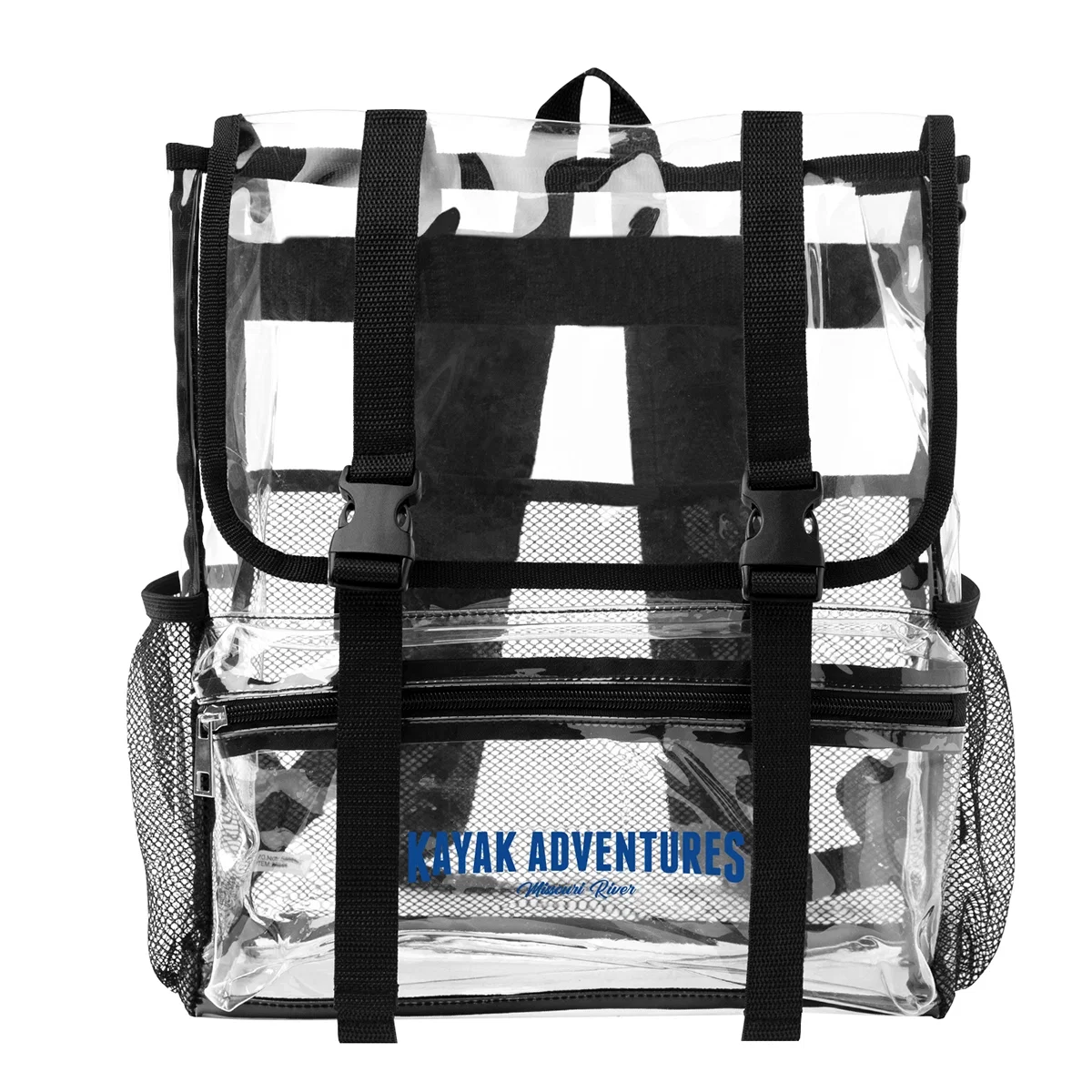 Clear stadium backpack with black straps and a buckle closure