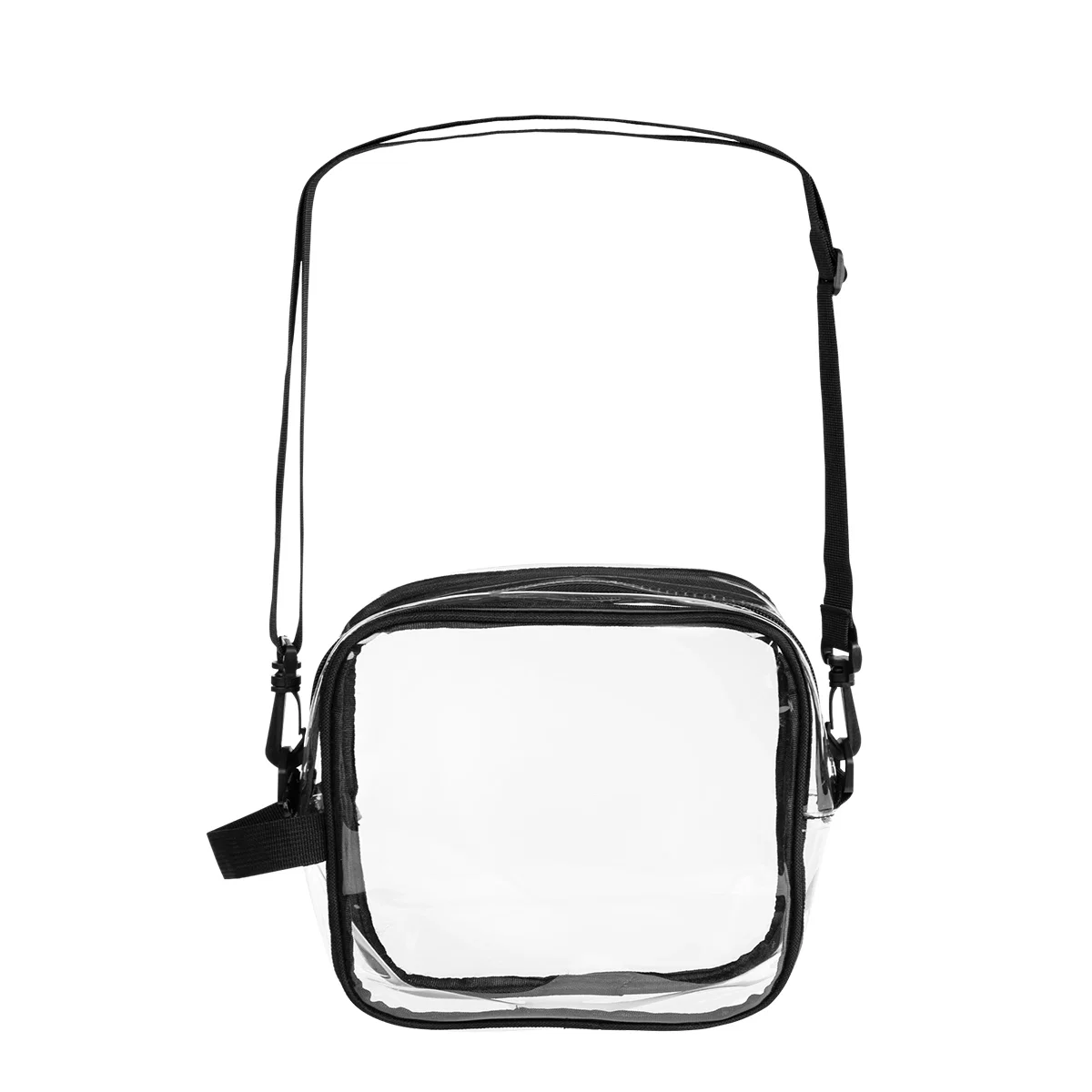 Clear PVC crossbody bag shown from the front with colored trim