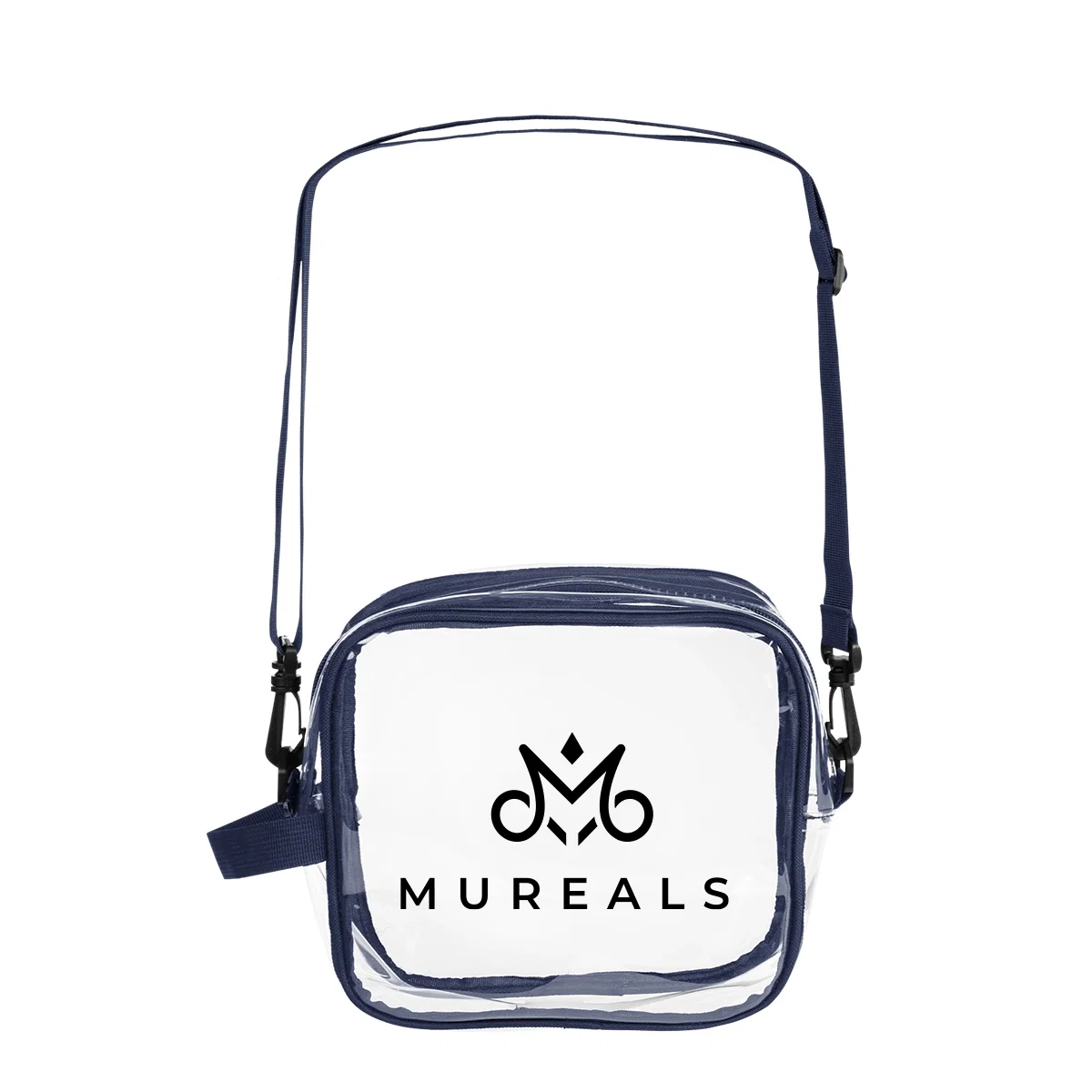 Level framing of the clear crossbody bag resting on a neutral surface