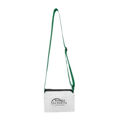 Clear vinyl crossbody bag with an adjustable shoulder strap