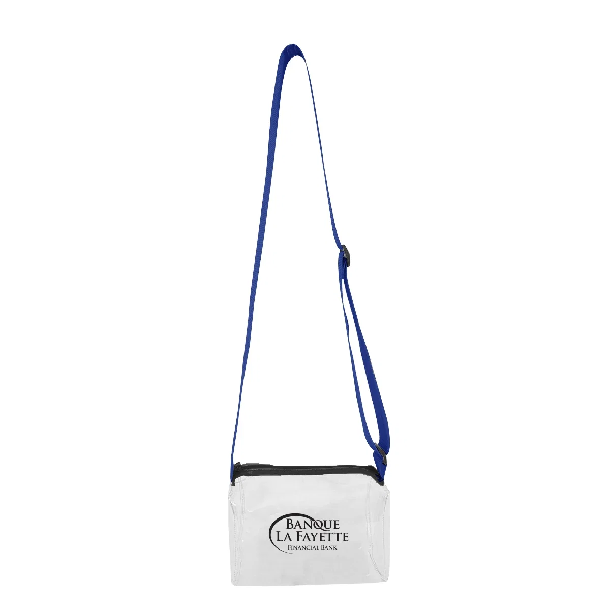 Compact see-through pouch measuring eight inches wide