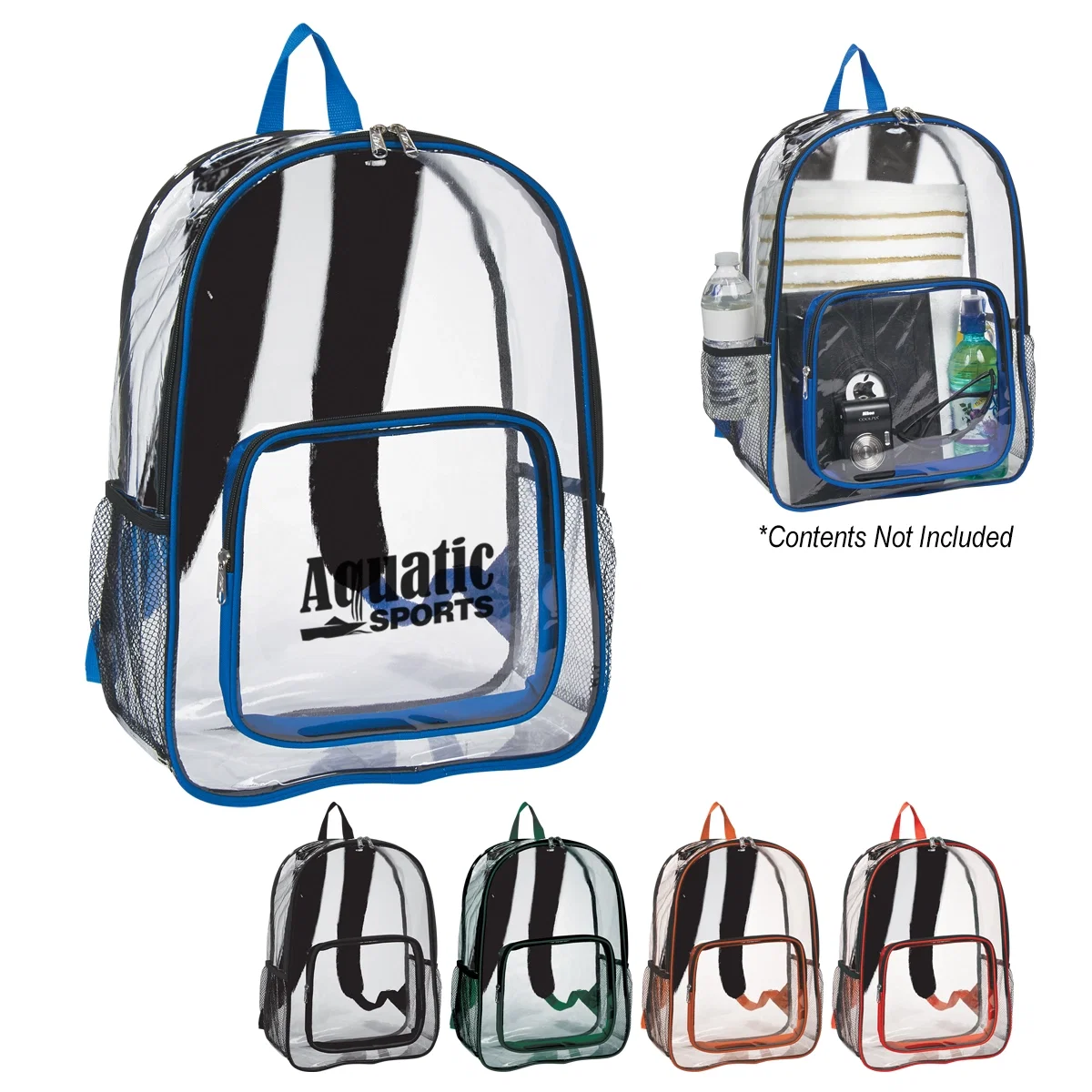 Clear backpack standing upright with padded shoulder straps