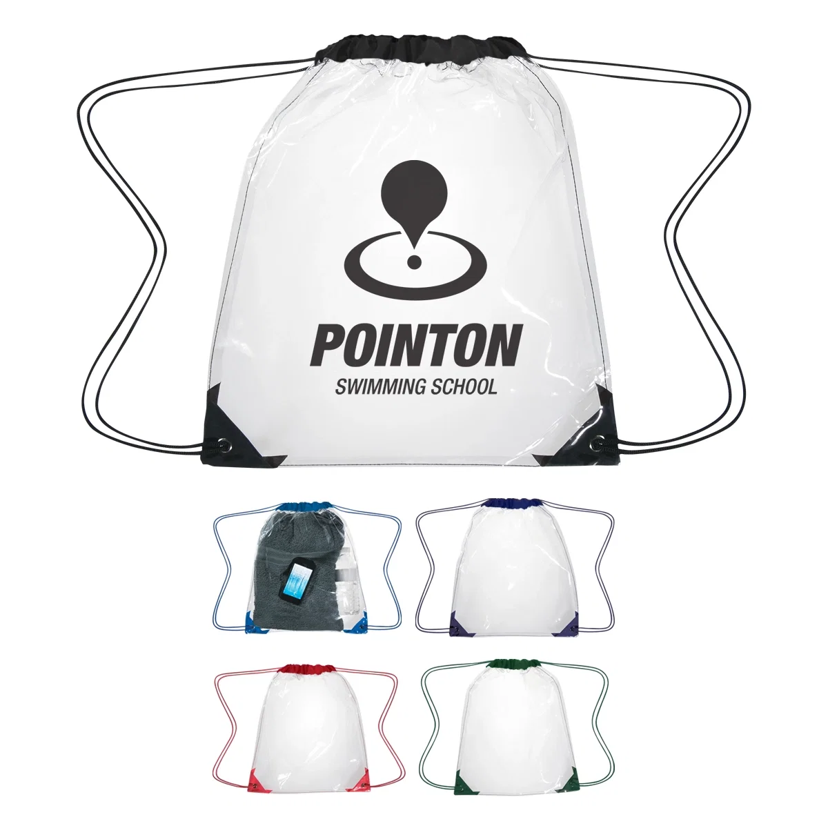 Clear drawstring backpack with red trim and matching cords
