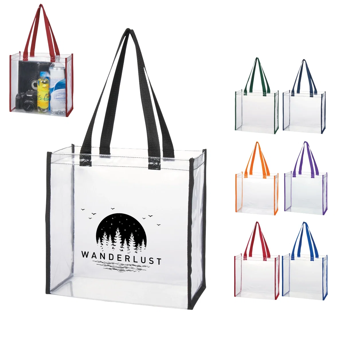 Clear tote bag standing with its handles upright